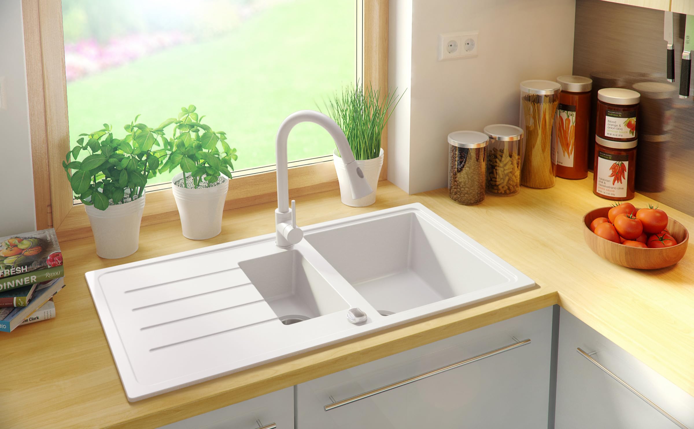 PRIMAGRAN Evier Cuisine en Granit Tout Blanc 90x50cm, Lavabo 1,5 bacs + Kit de Vidage, Évier à Encastrer au Meuble 60cm - Copenhague Duo S008