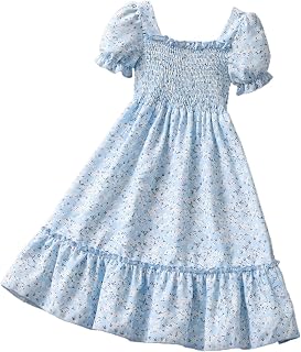 Girl's Ditsy Floral Puff Short Sleeve A Line Midi Dress Ruffle Hem Square Neck Flared Swing Summer Dresses