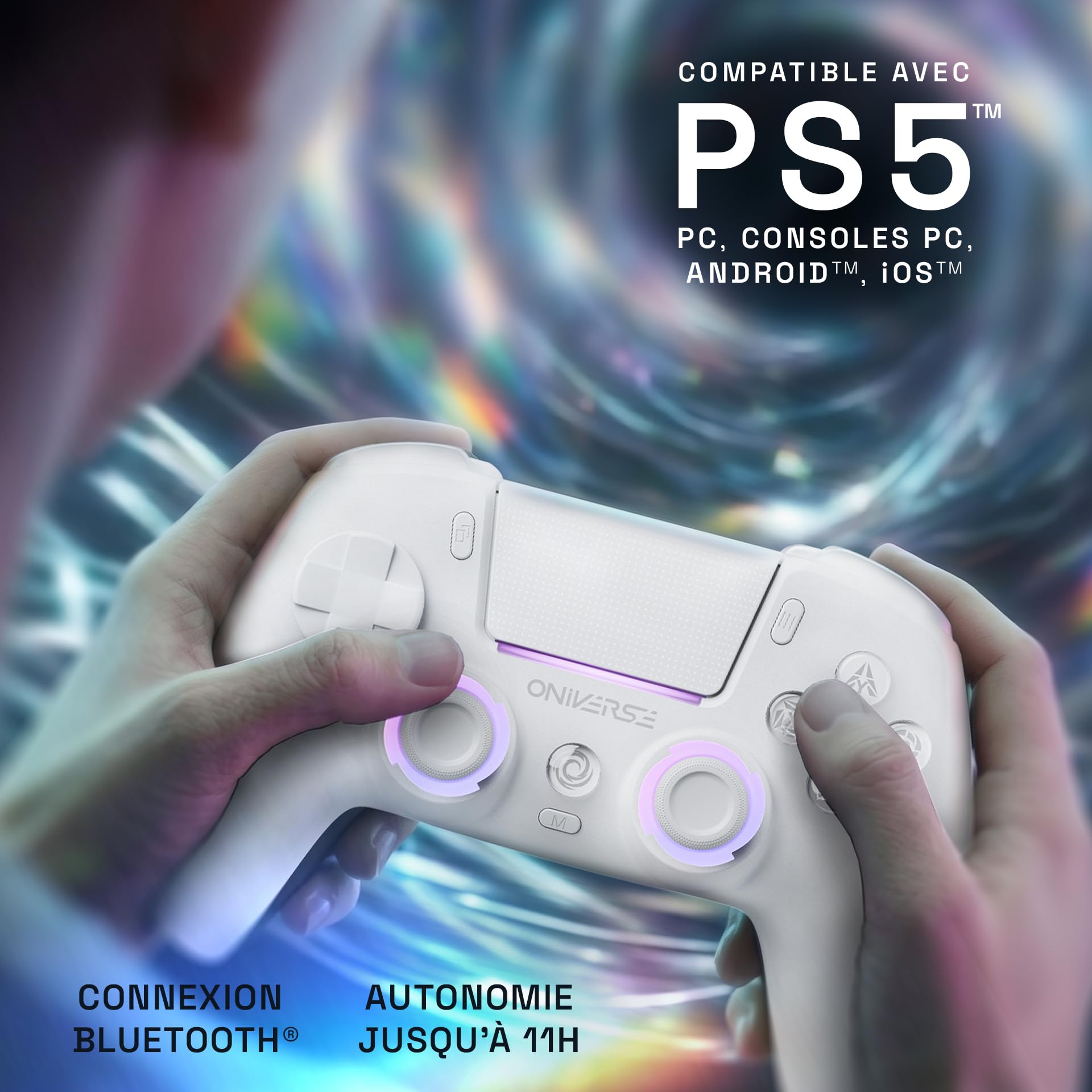 Oniverse Manette sans fil pour PS5/PC/Steam Deck - Starion - Joystick et gâchette Hall Effect, Palettes macro programmables, Gâchettes L4/R4, Pavé tactile, Anti-Drift, Bluetooth/USB-C - White