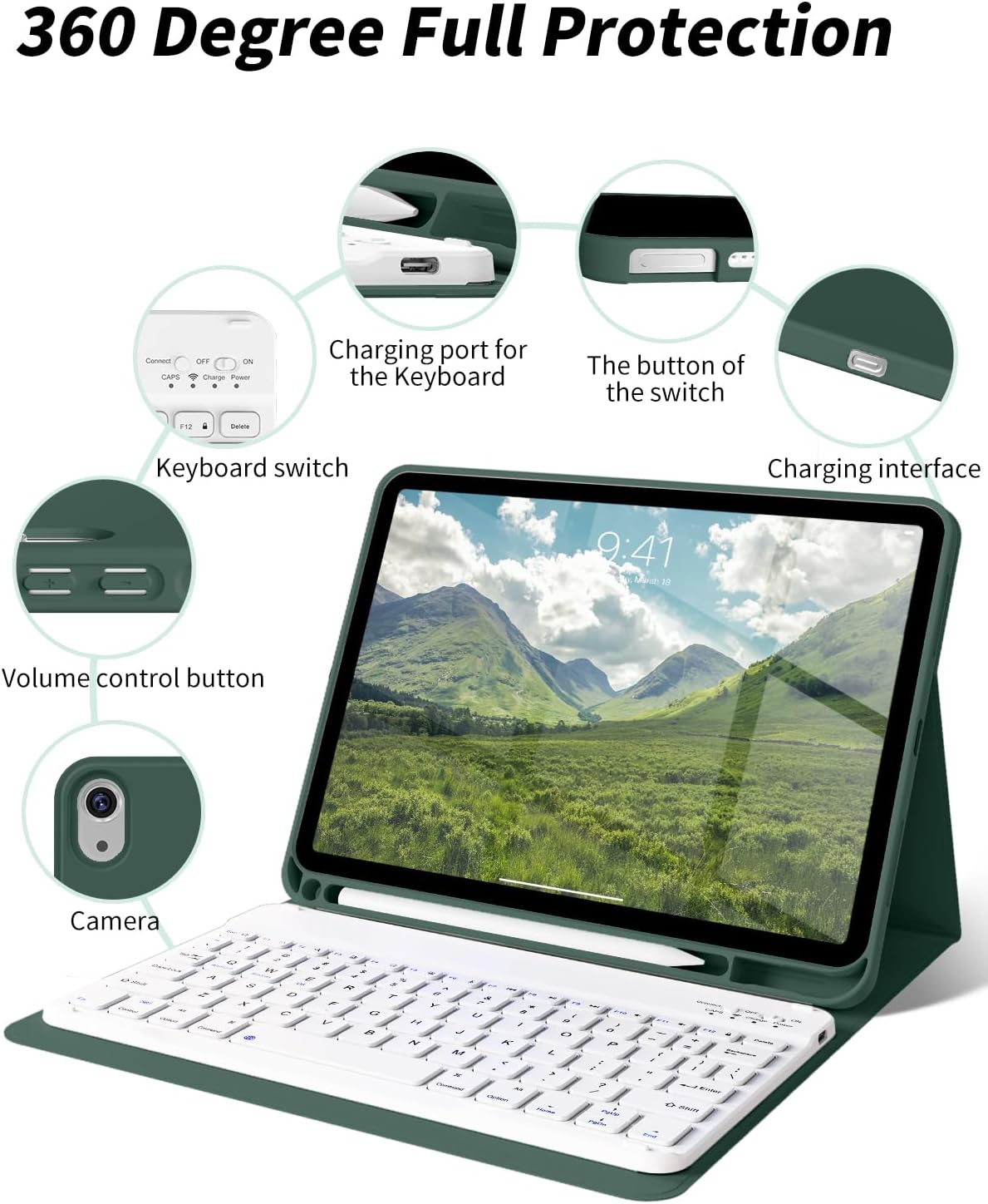 for iPad (A16) 11th/10th Generation Case with Keyboard 11/10.9 inch 2025/2022, Detachable Wireless Bluetooth Keyboard Case Thin & Light with Pencil Holder (Dark Green)