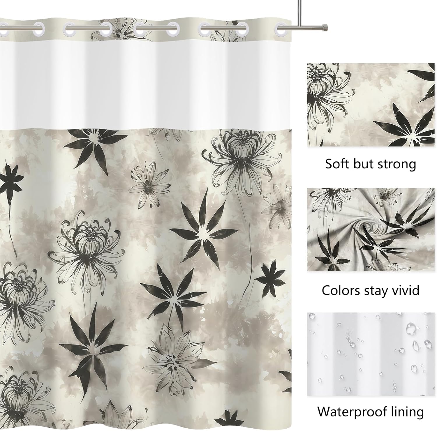 No Hook Farmhouse Shower Curtain and Liner Set 71 x 74 Inch - Black Line Floral Pattern, Waterproof Fabric Bath Curtain with Mesh Top for Minimalist Bathroom Decor