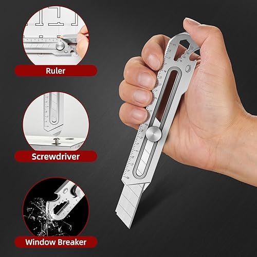 Miniatura 6 de BECOWIN Cuchillo multiusos 7 en 1, cortador de caja retráctil de acero inoxidable, cuchillo cortador resistente a presión con 10 cuchillas SK5 de