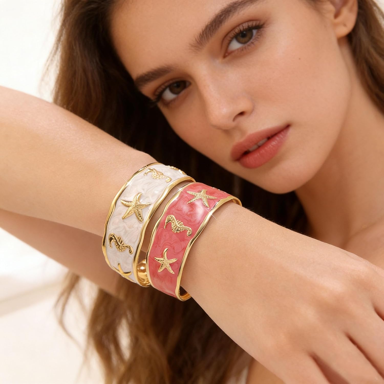 Chunky Gold Cuff Bracelets for Wome Dainty Adjustable Wide Oil Drop Seahorse Starfish Open Bracelet Summer Beach Party Statement Jewelry for Women