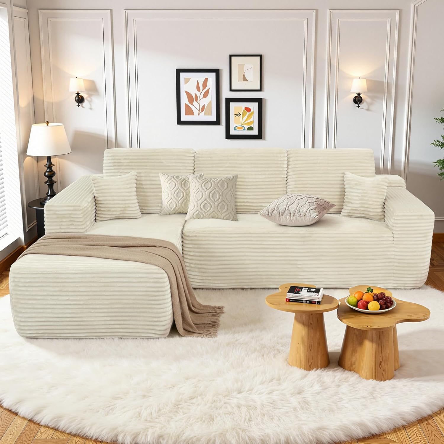 Rovibek 105" Modular L-Shaped Sectional Sofa with Chaise, Plush Corduroy Couch, Deep Seats, No Assembly, Beige