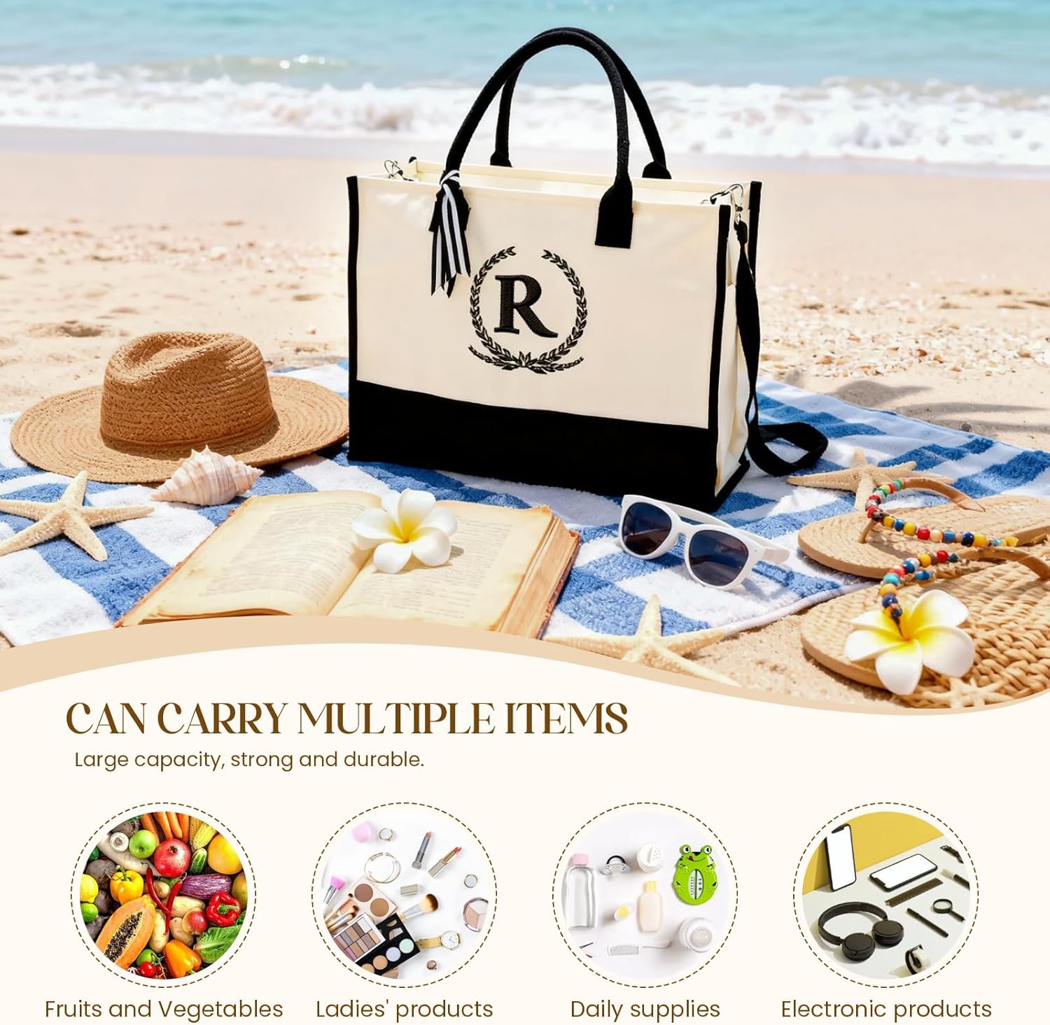 Personalized Canvas Tote Bag for Women Makeup Pouch Initial Beach Bag Removable Bottom Board for Travel Birthday