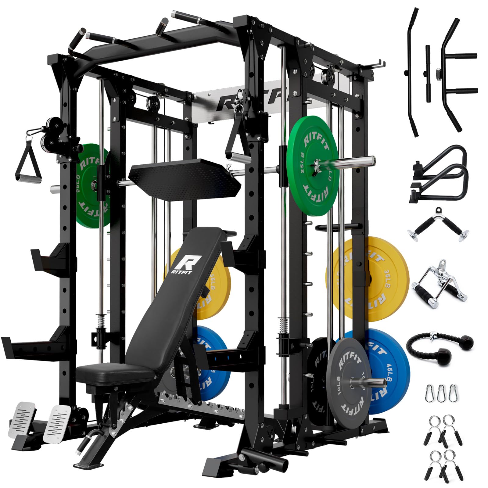 RitFit Buffalo Smith Machine, Power cage with LAT-Pull Down System &amp; Cable Crossover System, All-in-One Squat Rack for Home Gym, Power Rack