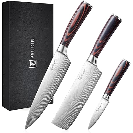 PAUDIN 3-Piece Kitchen Knife Set: Sharp Stainless Steel Blades for Professional Chefs