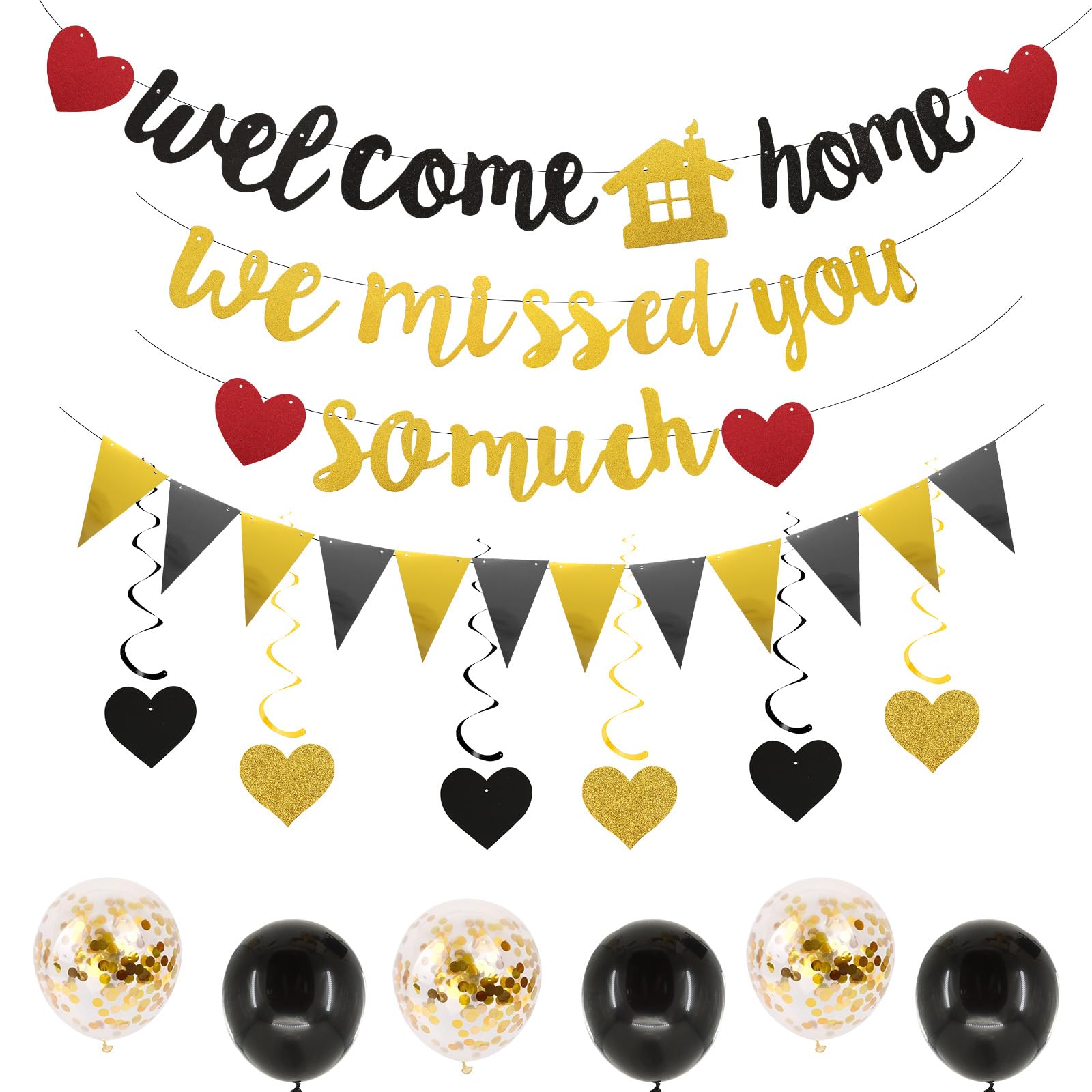 Photo 1 of 3 Welcome Home Banner, Welcome Home Decorations, 10 Balloons, 1 Pennant and 6 Love Accessories, Suitable for Family Gatherings, Back-to-School Activities, Military Retirement, Etc. (Black Gold)