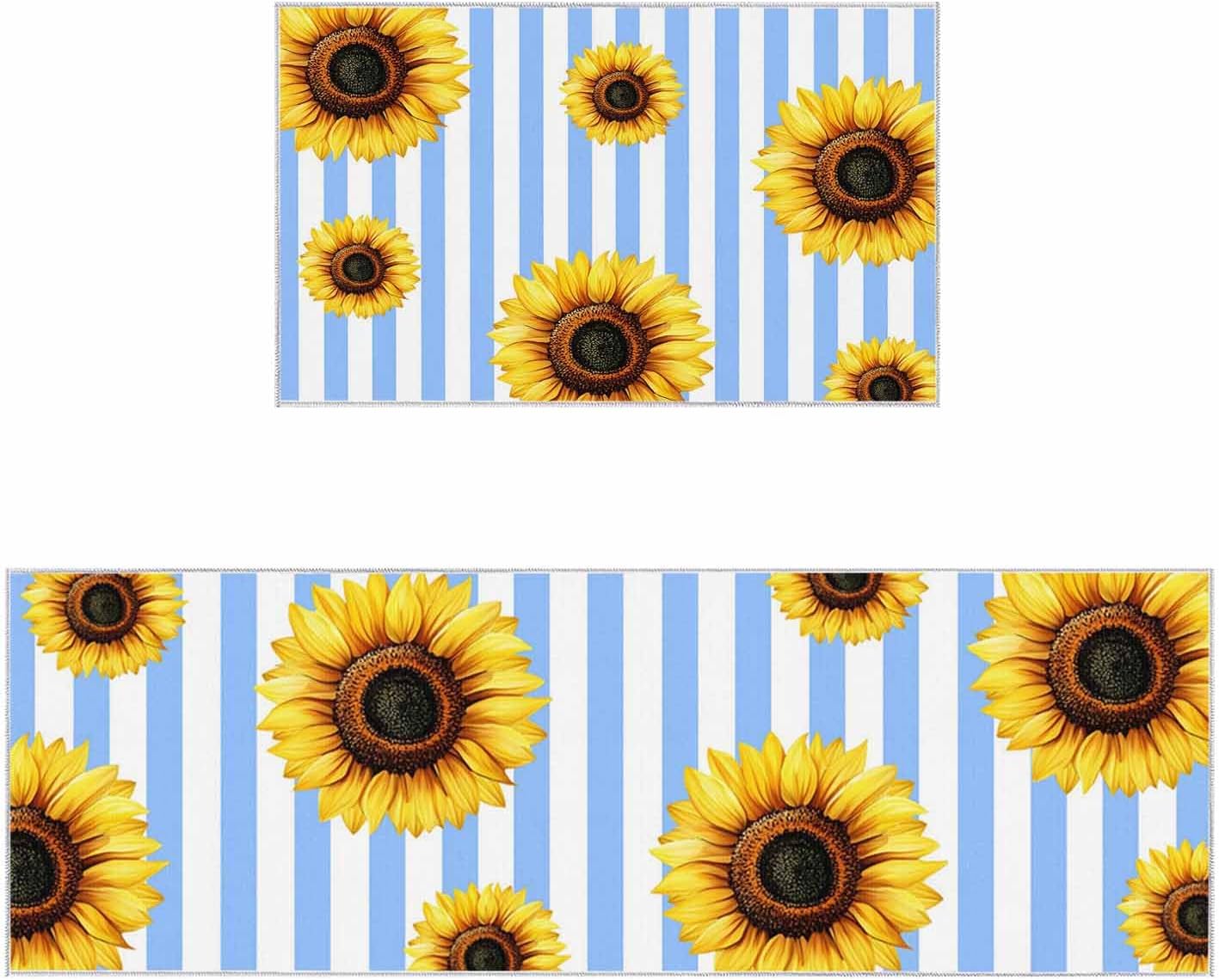 2 Pieces Kitchen Rugs and Mats,Rustic Pastoral Sunflower Area Runner Rug Set Non Slip Floor Doormat Washable Carpet Standing Mat for Kitchen Sink Indoor Corridor,Minimalist Blue White Line
