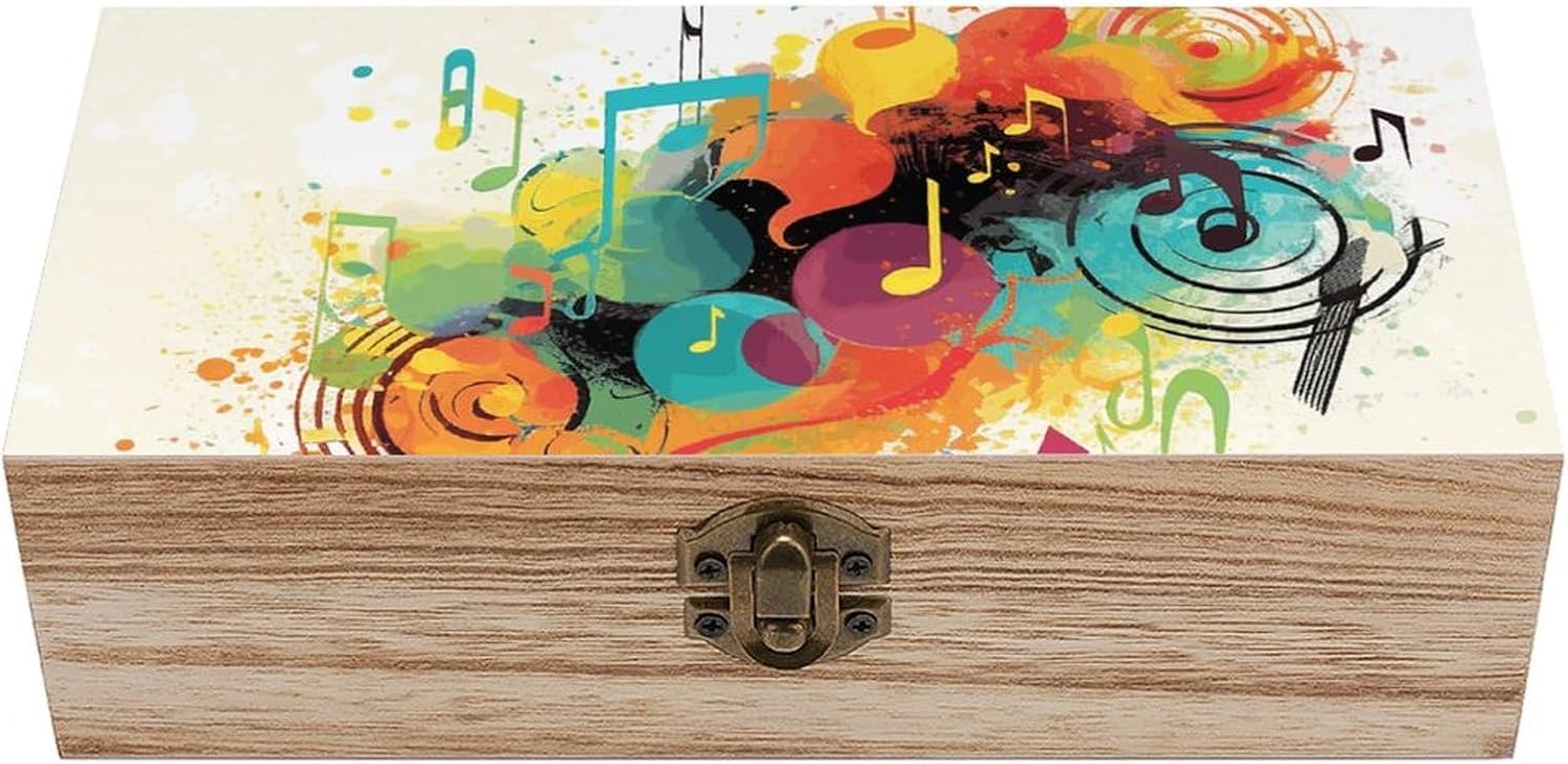 Abstract Music Themed Wooden Storage Box Large Vintage Wood Box with Lid Exquisite Crafts DIY Storage Jewelry Box for Art Stash Keepsake Wooden Gift Boxes