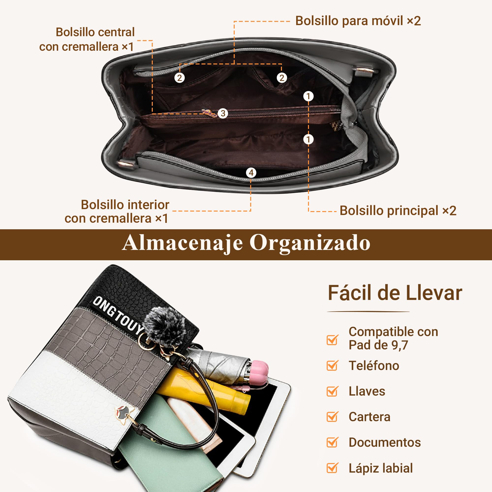 DIRRONA Bolso de Mano Mujer – Bolso en Piel PU con Diseño Color Block Tricolor y Colgante de Pompon, Tote de Hombro y Bandolera para Trabajo, Viajes y Uso Diario Gris Moderno