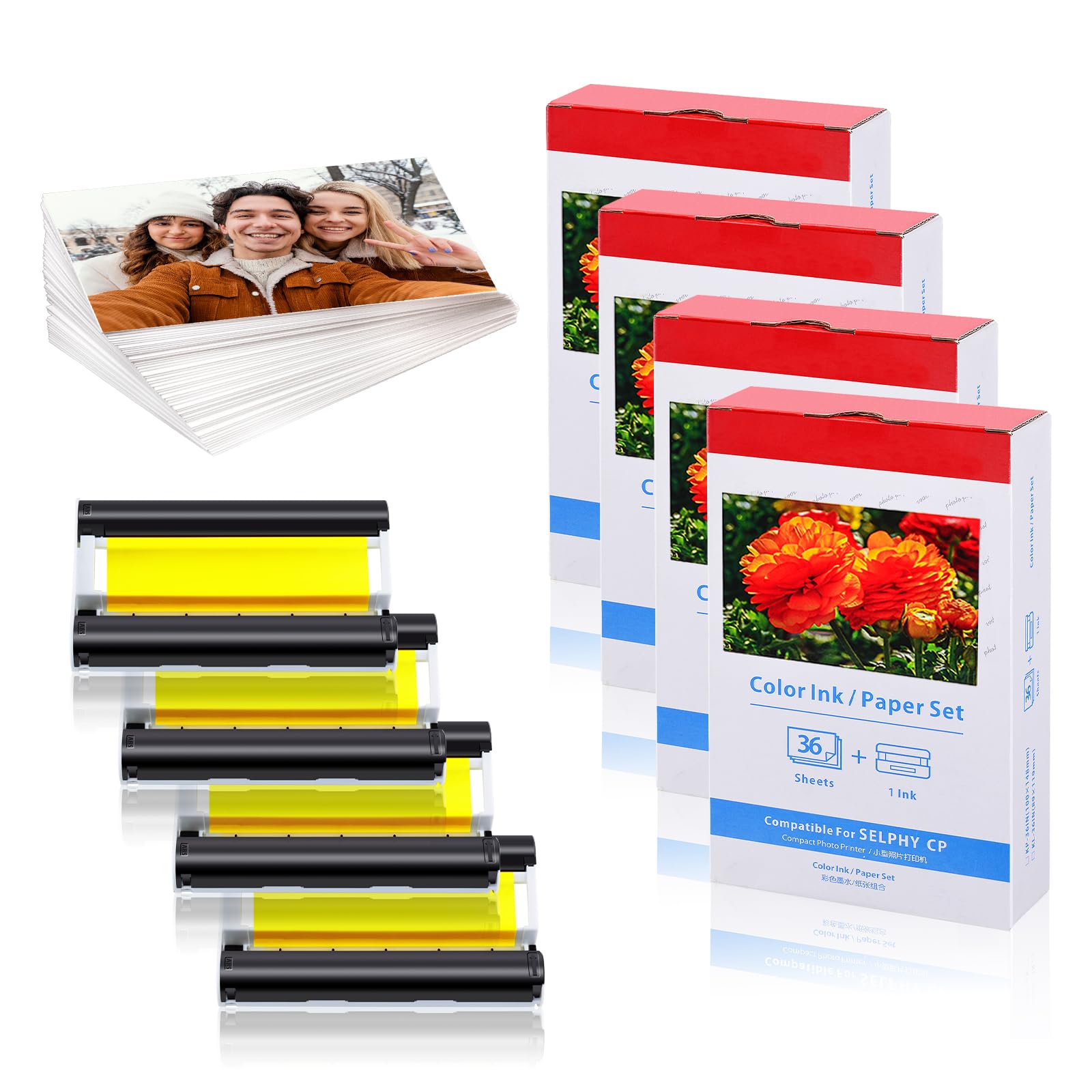 POPOBUY 4 Set Compatible with Canon Selphy CP1500 CP1300 KP-36IN Color Ink Cartridge and Paper, 144 4x6 Photo Paper and 4 Ink Cartridges for Selphy