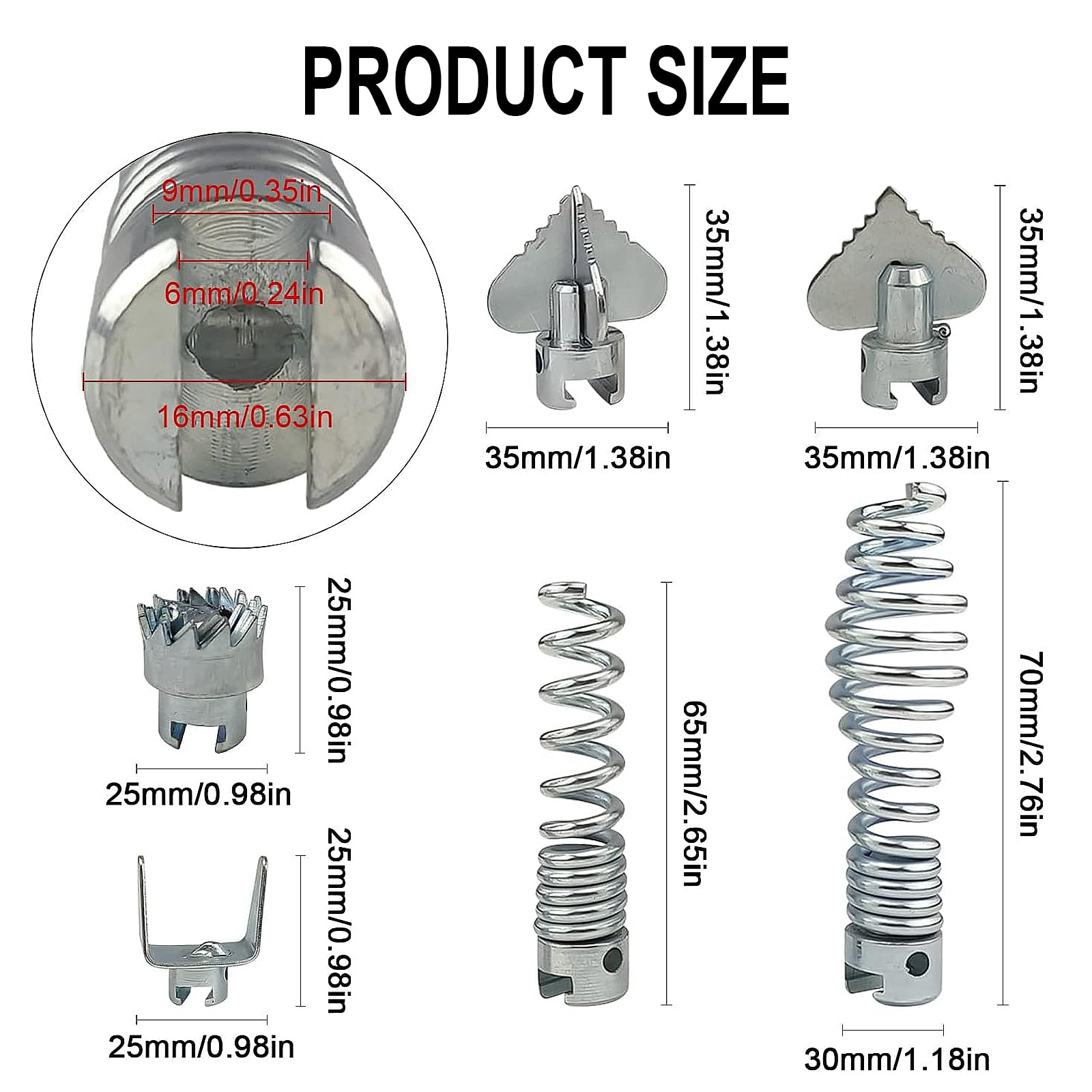 Sonda Sturatubi 6M di spirale Diametro 16 mm, Stura lavandini e scarichi, con 6 pezzi di testa di taglio per la pulizia dei tubi