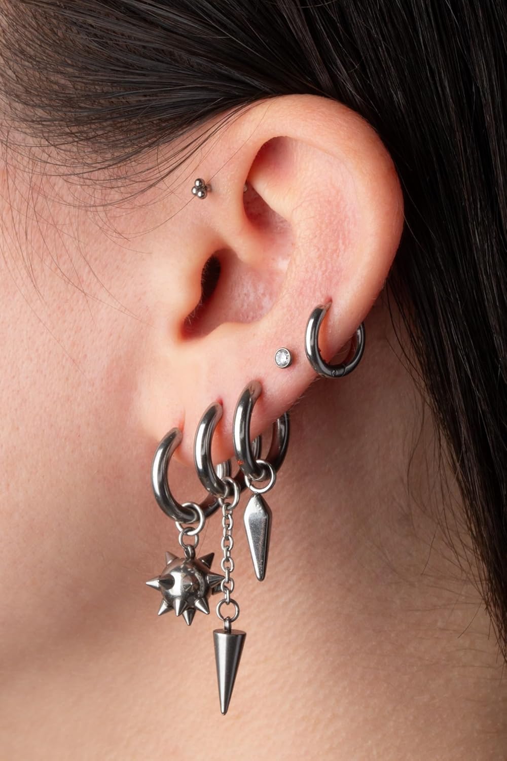 20GA 316L Stainless Steel Spiked Ball Dangling Huggie Hoop Earrings, Sold as a Pair - Image 4