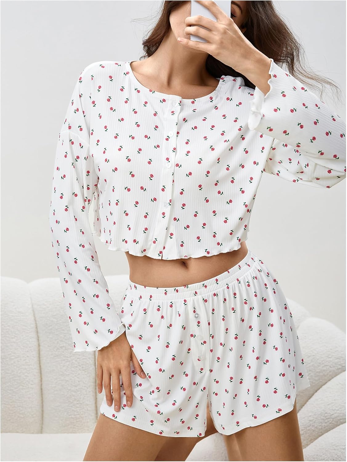 SHENHE Women's Floral Pajama Set Long Sleeve Button Up Crop Top and Shorts 2 Piece Loungewear - Image 4