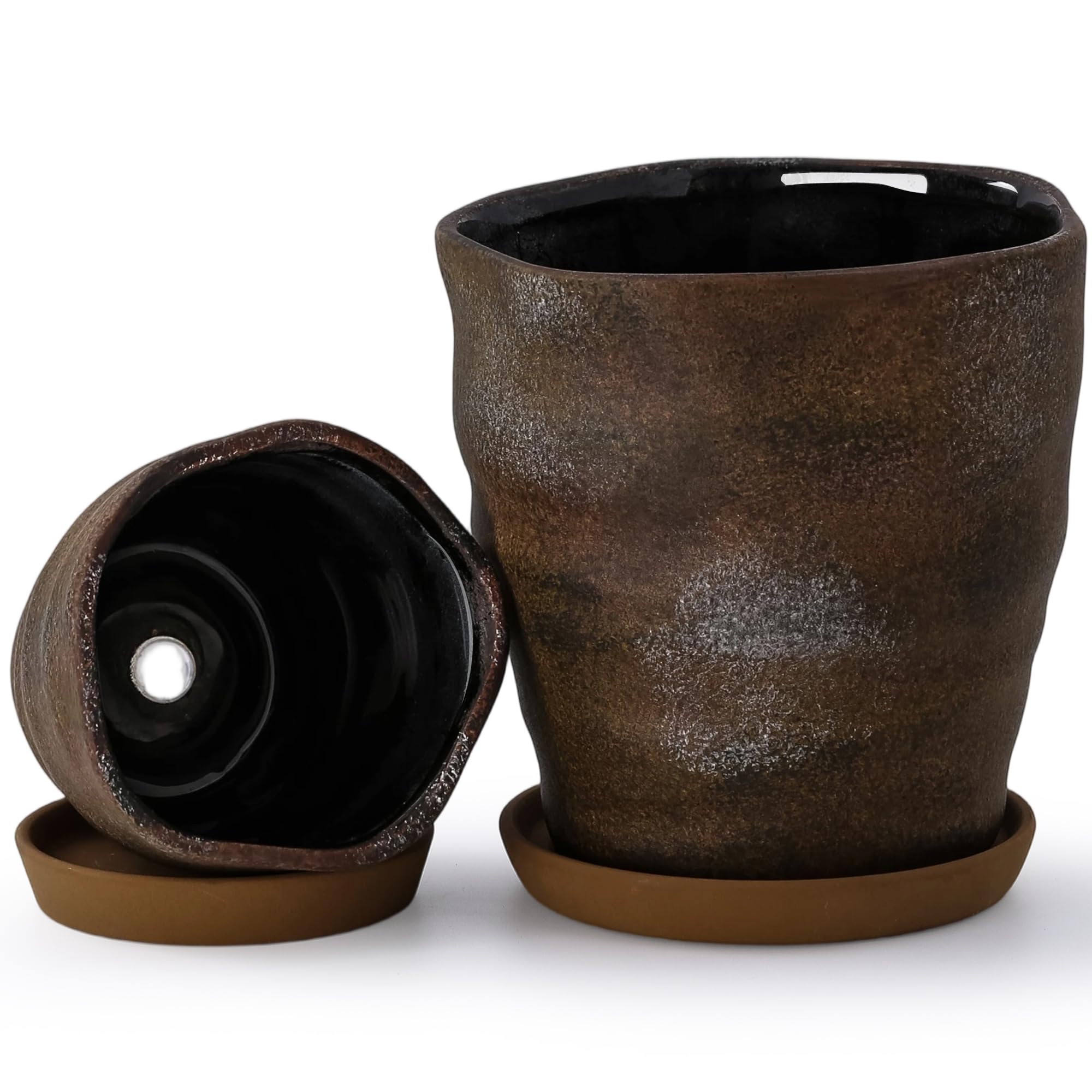 Zestaw 2 doniczek ceramicznych z otworem drenażowym i spodkiem, do użytku wewnątrz i na zewnątrz, duża okrągła doniczka na sukulenty storczyk, farba cementowa, doniczki wewnętrzne nie