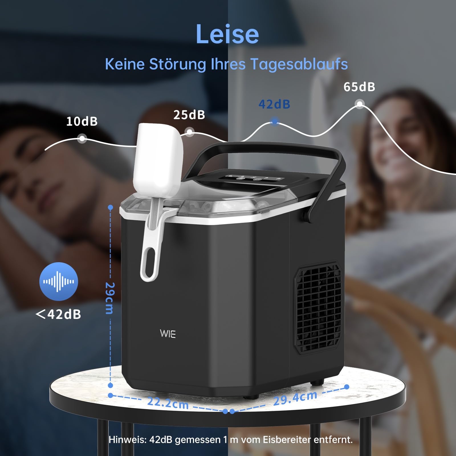 WIE Eiswürfelmaschine Kleine Eiswürfelbereiter mit Schaufel 1,3 Liter Wassertank 9 Würfel in 6 Minuten Eiswürfelmaschinen Selbstreinigende Ice Maker Leiser für Küche Büro Bar Party
