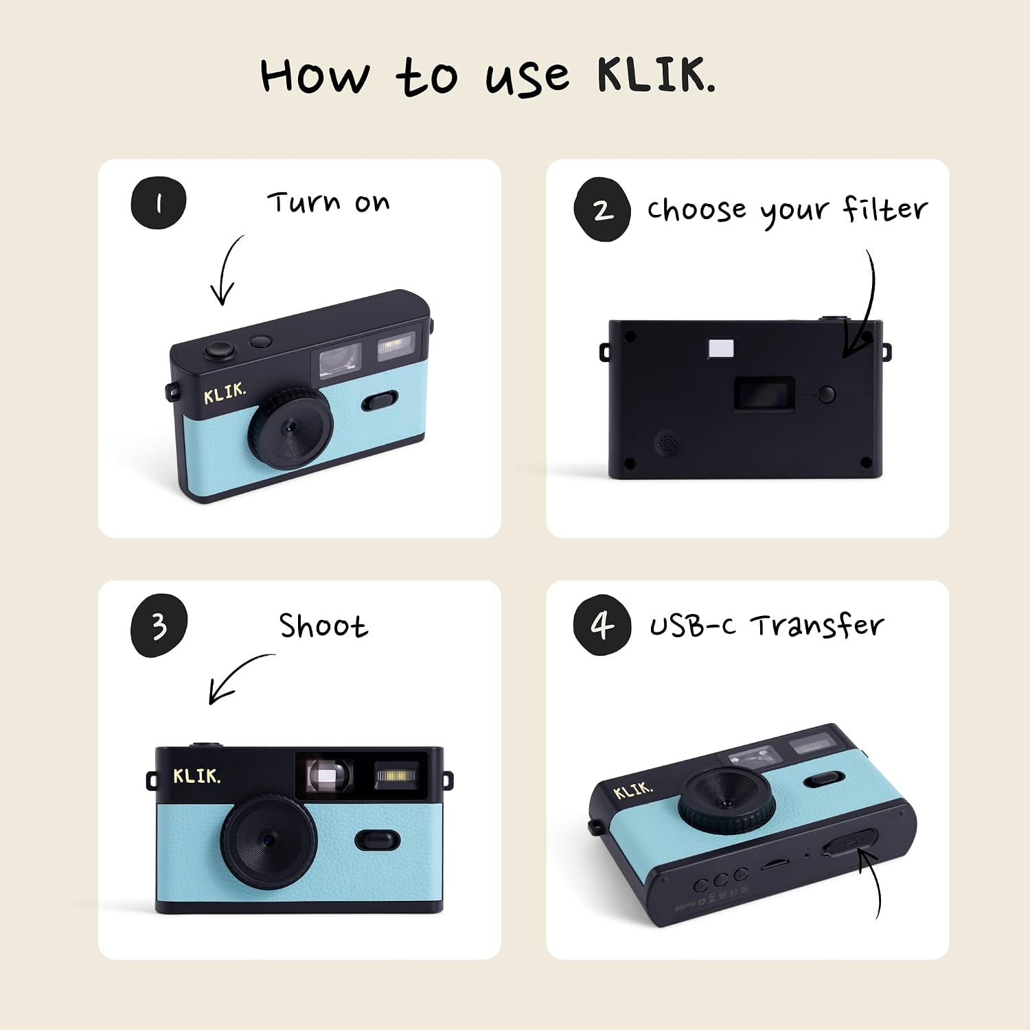 Klik Screen-Free Digital Camera | Stay Present & Capture Vintage Retro-Style Photos | 8MP, 3 Film-Style Filters, 500 Shots Per Charge, Built-in Flash, USB-C Photo Transfer, Rechargeable (Blue)