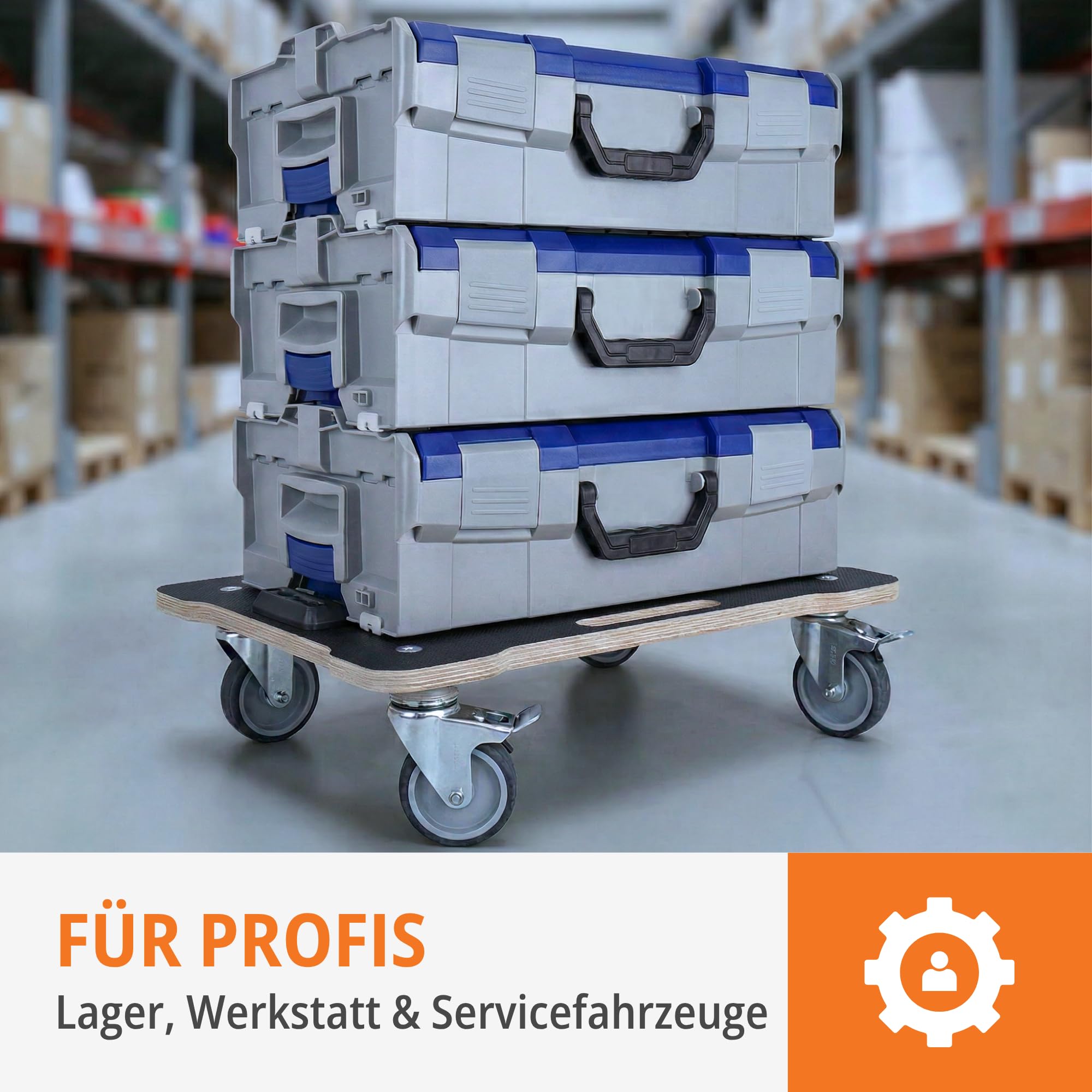 L-BOXX Rollbrett mit Siebdruckplatte – Schwerlast Transportroller für Bosch Sortimo L-BOXX | Rollwagen mit 4 Lenkrollen & Feststellbremse | kompatibel mit L-BOXX System (Siebdruck)