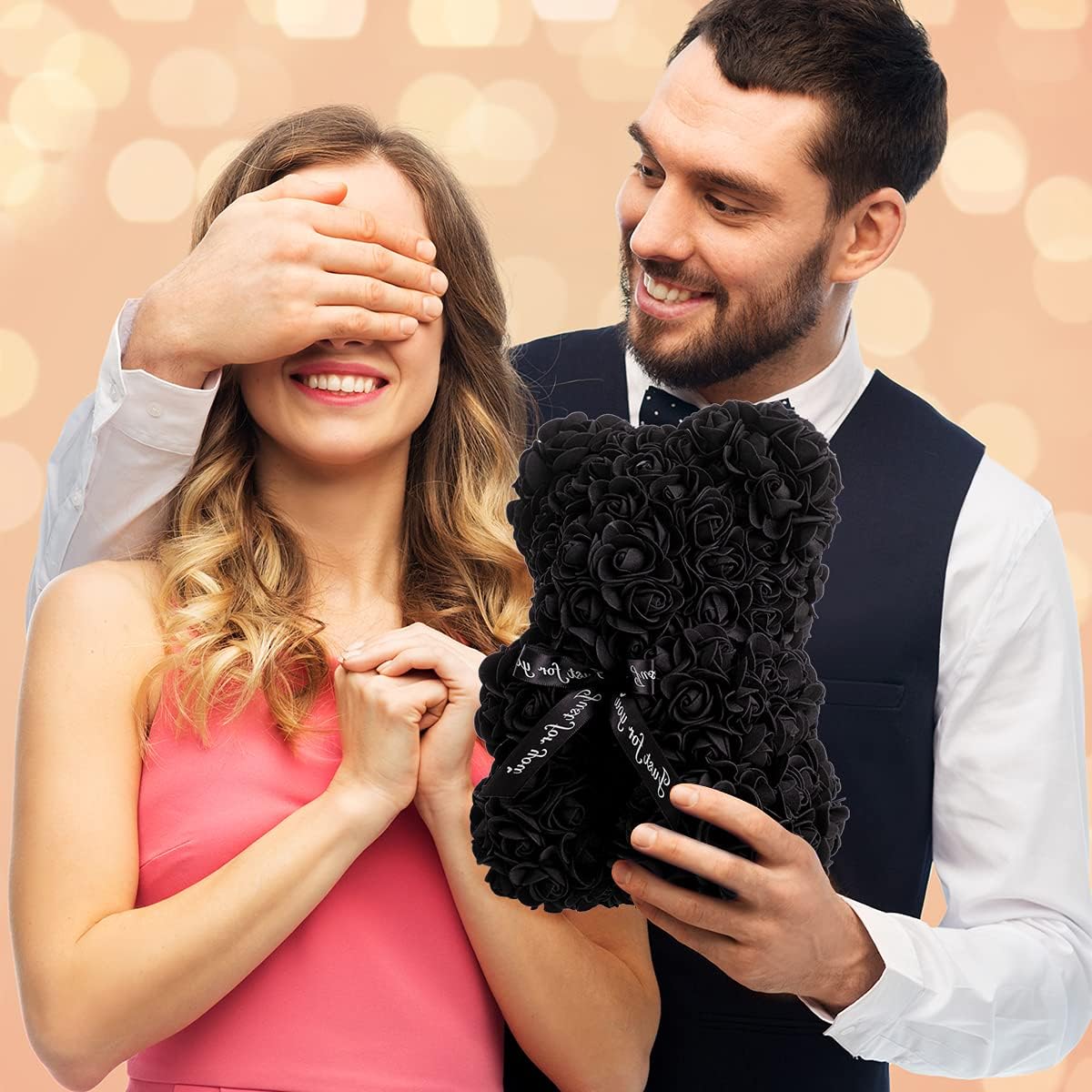 Gifts for Women - Rose Flower Bear - Rose Bear,Pure Handmade Rose Teddy Bear,Gift for Mothers Day,Valentines Day, Anniversary and Bridal Showers,w/Clear Gift Box and Greeting Card (Black) - Image 7