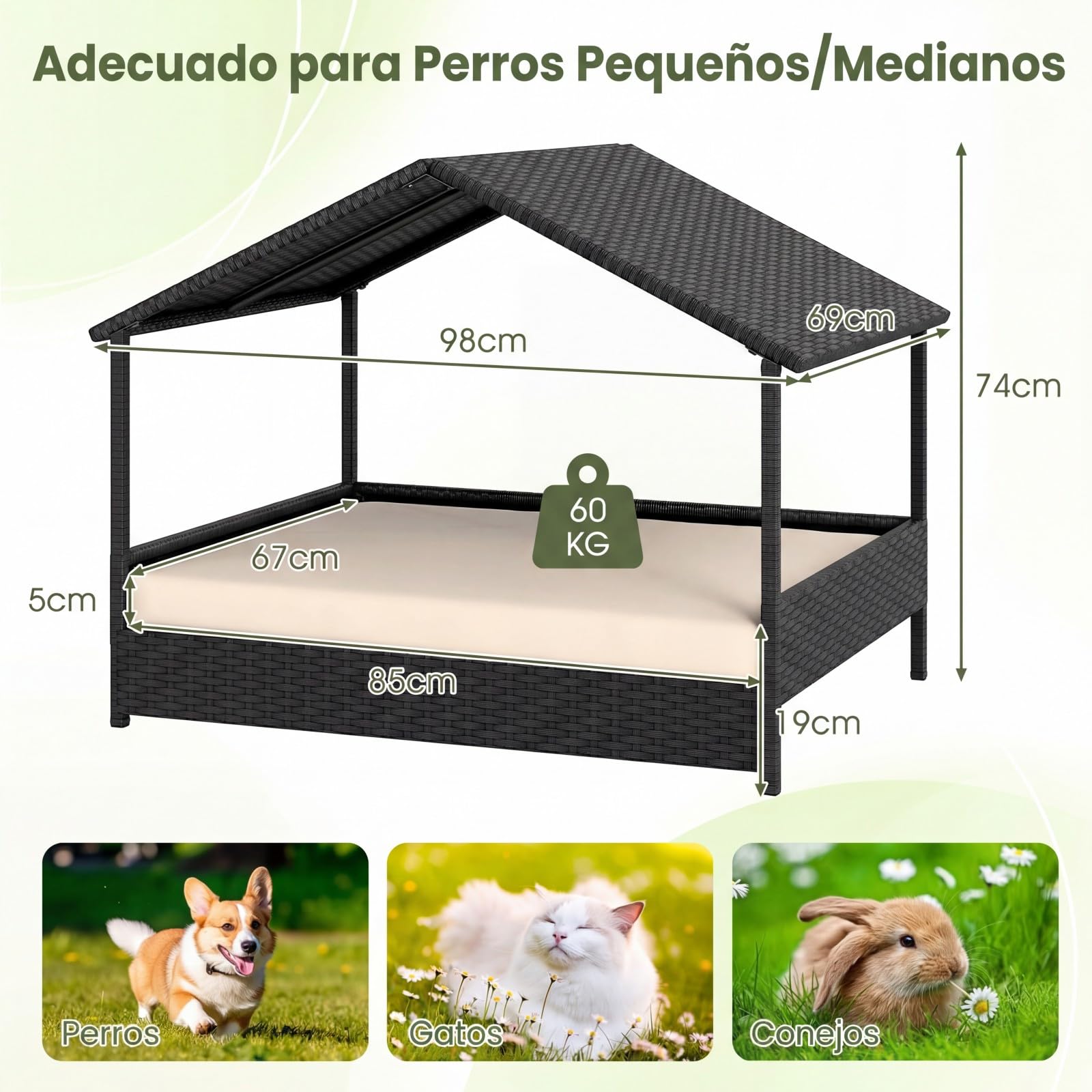 COSTWAY Caseta para Perros Exterior e Interior, Casa Perro de Ratán Grande con Dosel, Base Elevada, Cojín Removible, Estructura Metálica, Cama Elevada para Mascotas, Carga 60 kg, 98x69x74 cm (Beige)