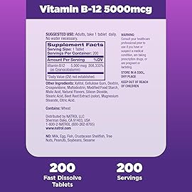 Natrol B12 Vitamins 5000 mcg, Fast Dissolve Vitamin B12 Supplement Supports a Healthy Nervous System and Energy Metabolism, 200 Tablets, Up to a 200 Day Supply