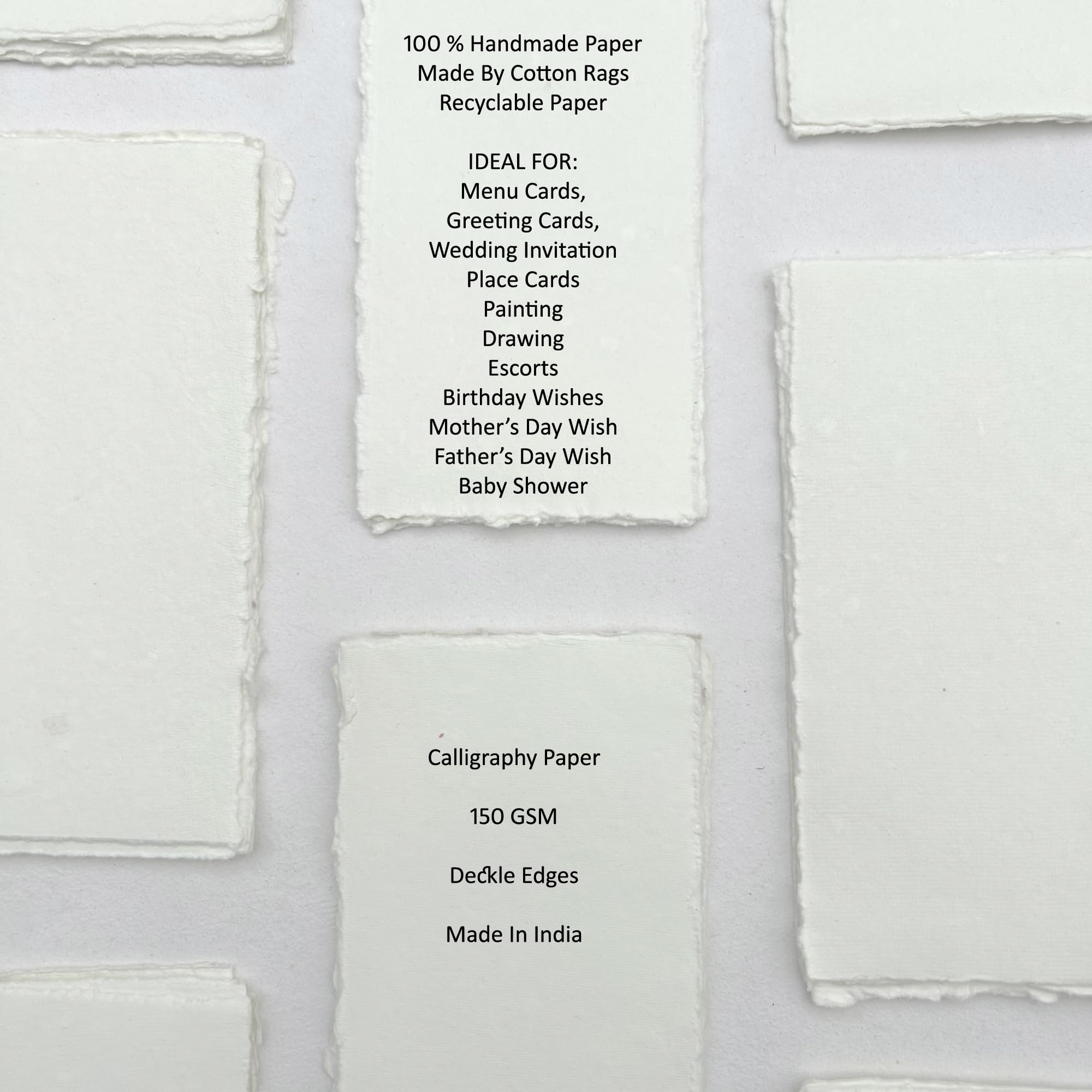 Deckle Edges handgefertigtes Baumwollpapier, blanko, Hochzeitseinladungen, Menükarten, Visitenkarten, Escort-Karton, Kalligraphie, Aquarellstruktur, 150 g/m² (100 Stück) (7,6 x 22,9 cm)