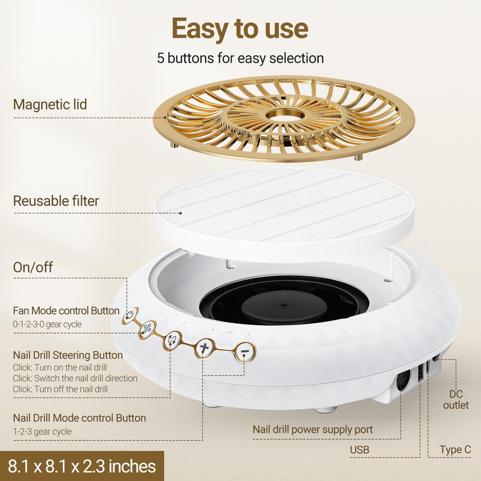 Set di collettori di polvere per unghie, compatto aspiratore per principianti con filtro riutilizzabile, potente macchina per manicure e pedicure, strumento per manicure e pedicure per smalto