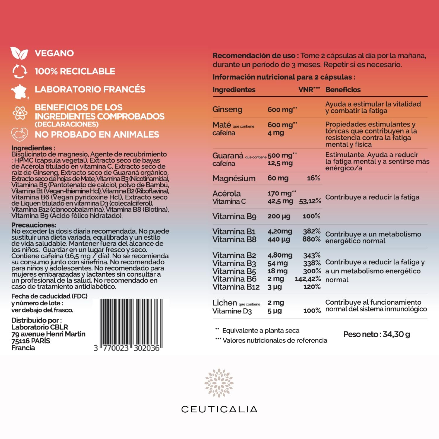 Complemento Alimenticio Energía y Vitalidad - Anti Cansancio y Agotamiento - Para Mujer y Hombre - Ginseng, Guaraná, Yerba Mate, Acerola, Magnesio, Vitaminas D y B - 180 Cápsulas, 90 Días