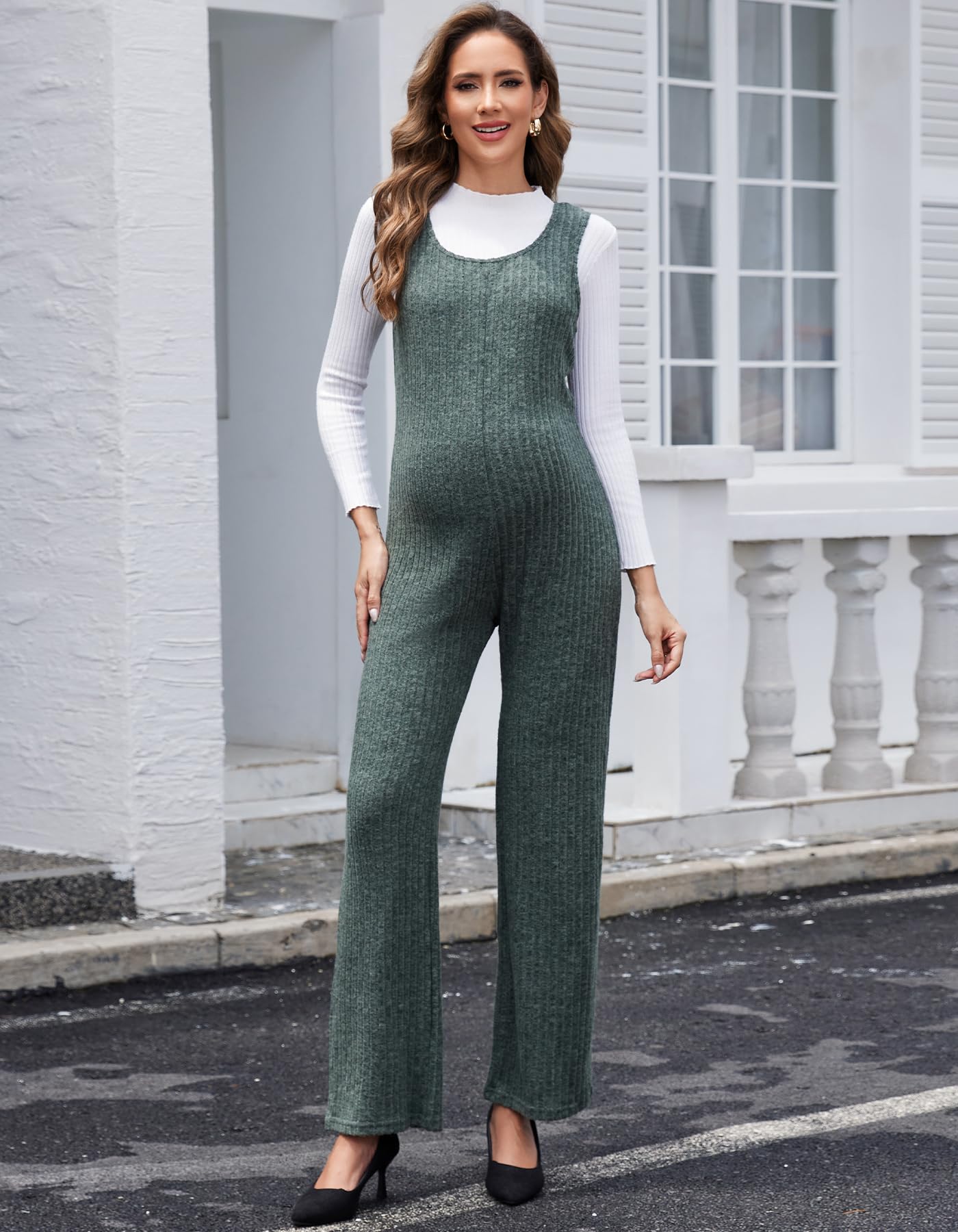 Umstandsoverall Einteiler Schwangerschaft Latzhose Ärmellos Weiches Rippenstrick Baggy-Look Lange Hose für Schwangere im Winter