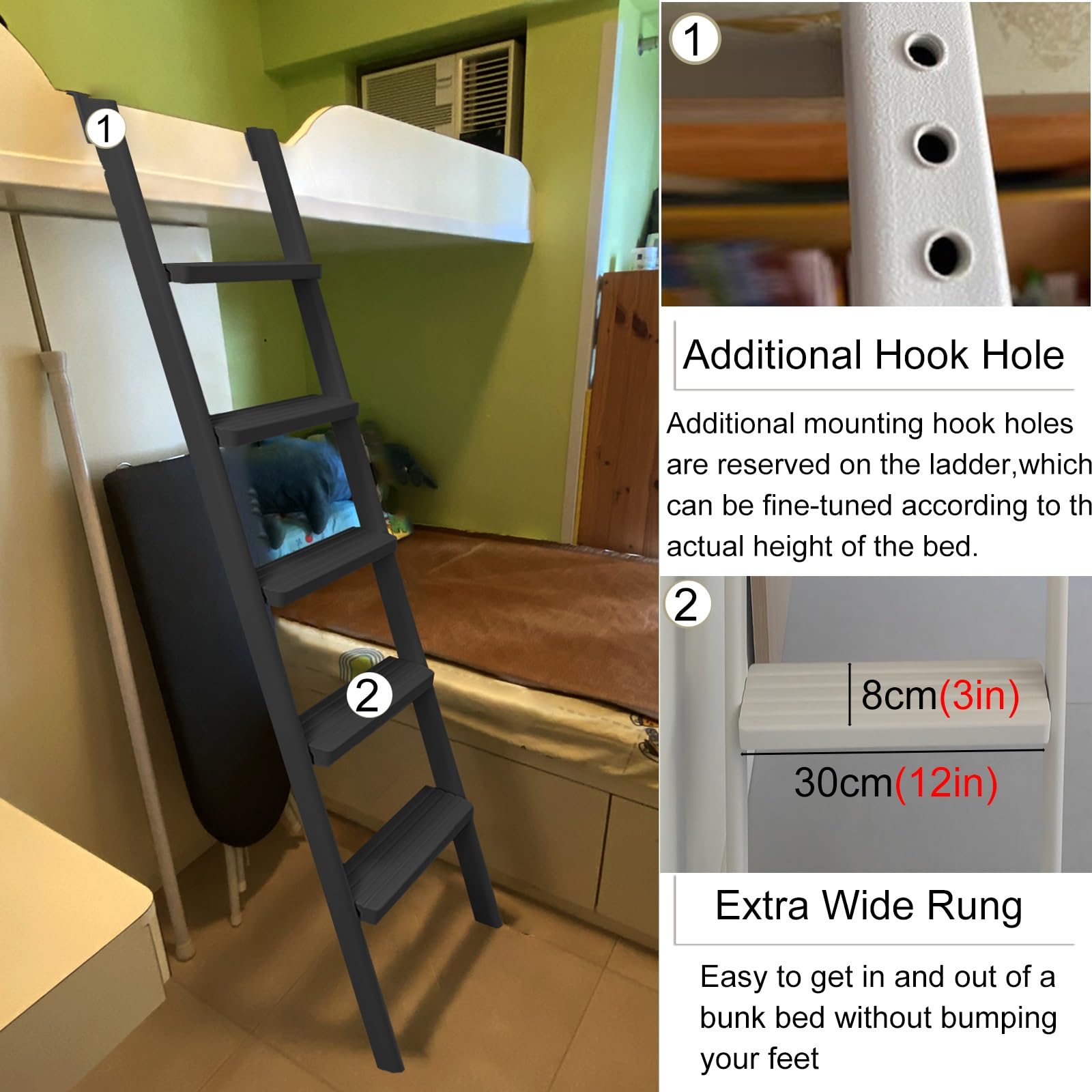 Escalera para literas con asa y peldaños Antideslizantes para dormitorios, caravanas, Camas Altas, Camas Individuales y autocaravanas: escalones Extra Profundos para Mayor Seguridad y comodi