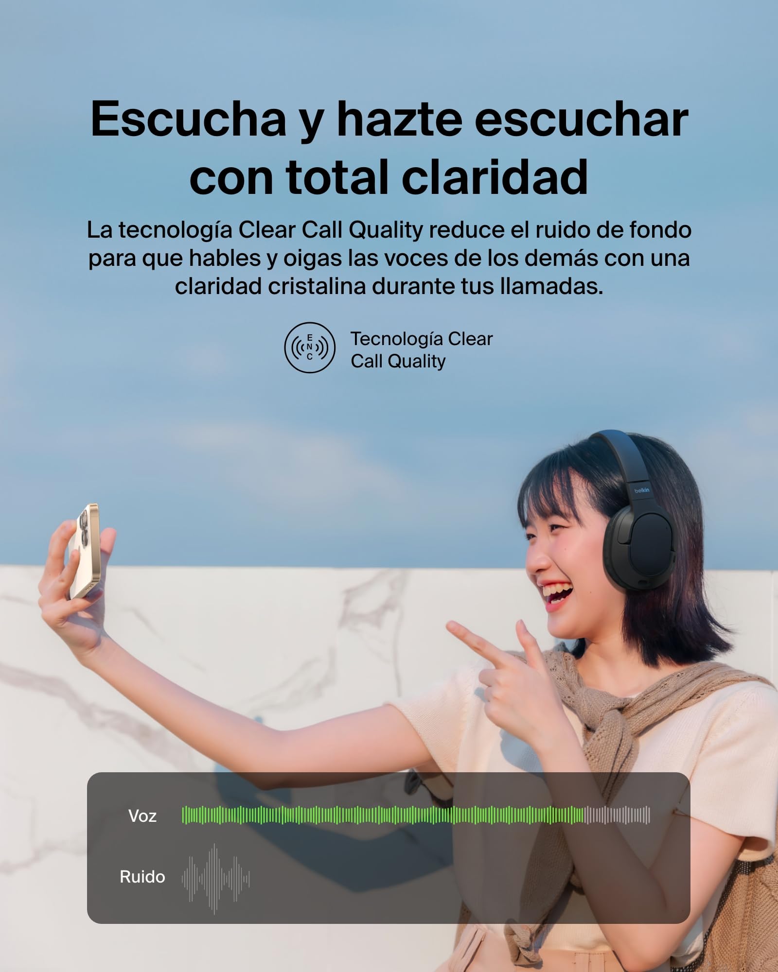 Belkin SoundForm Surround Auriculares Inalámbricos Bluetooth, Cascos con Cancelación de Ruido Ambiental, 60horas de autonomía. Almohadillas Suaves. para iPhone, Galaxy y iPad - Negro