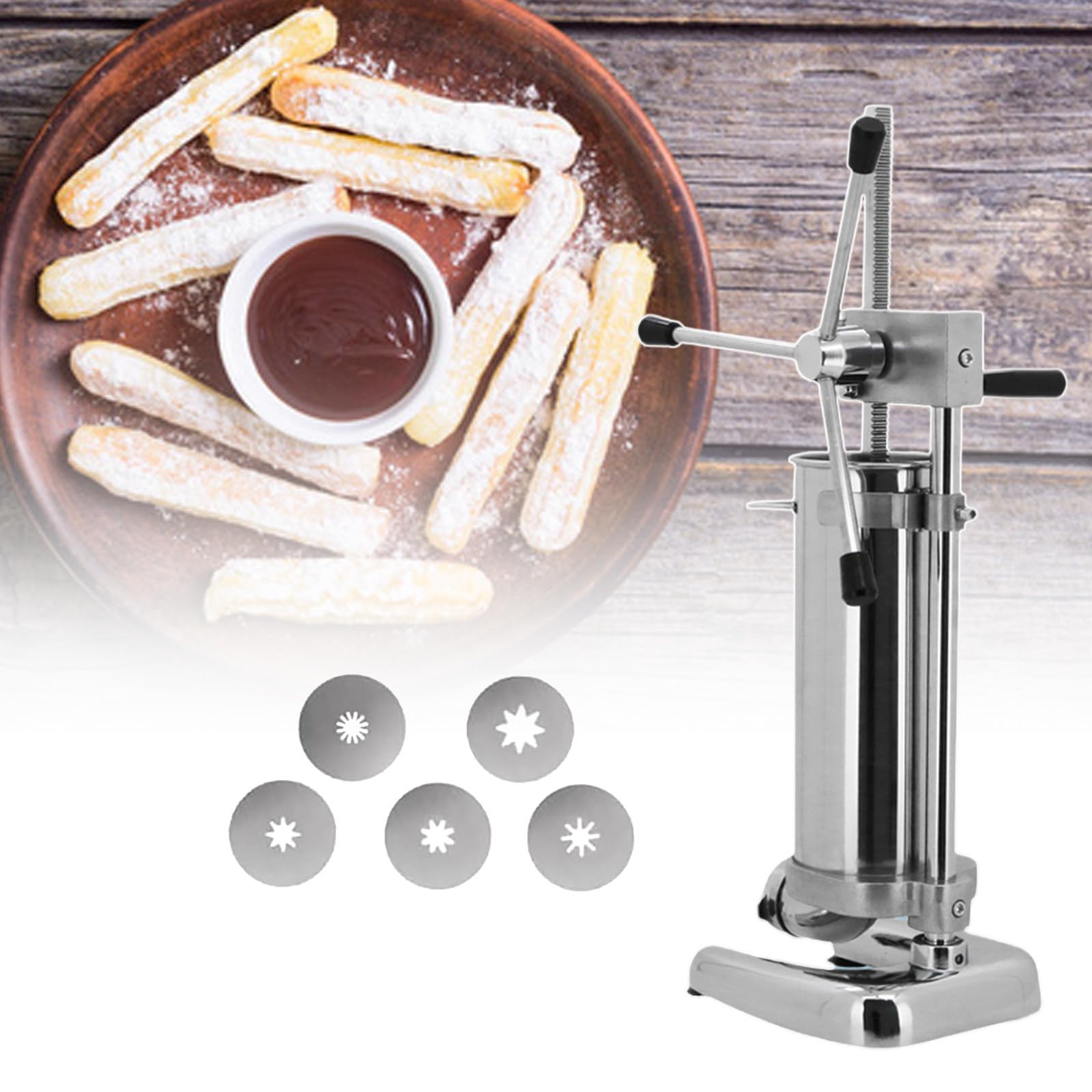 SICWEDIM Commercial Manual Churro Maker - Stainless Steel Spanish Churrera Machine with 5 Molds, Latin Fruit Donut Machine, Manual Sausage Filler Machine