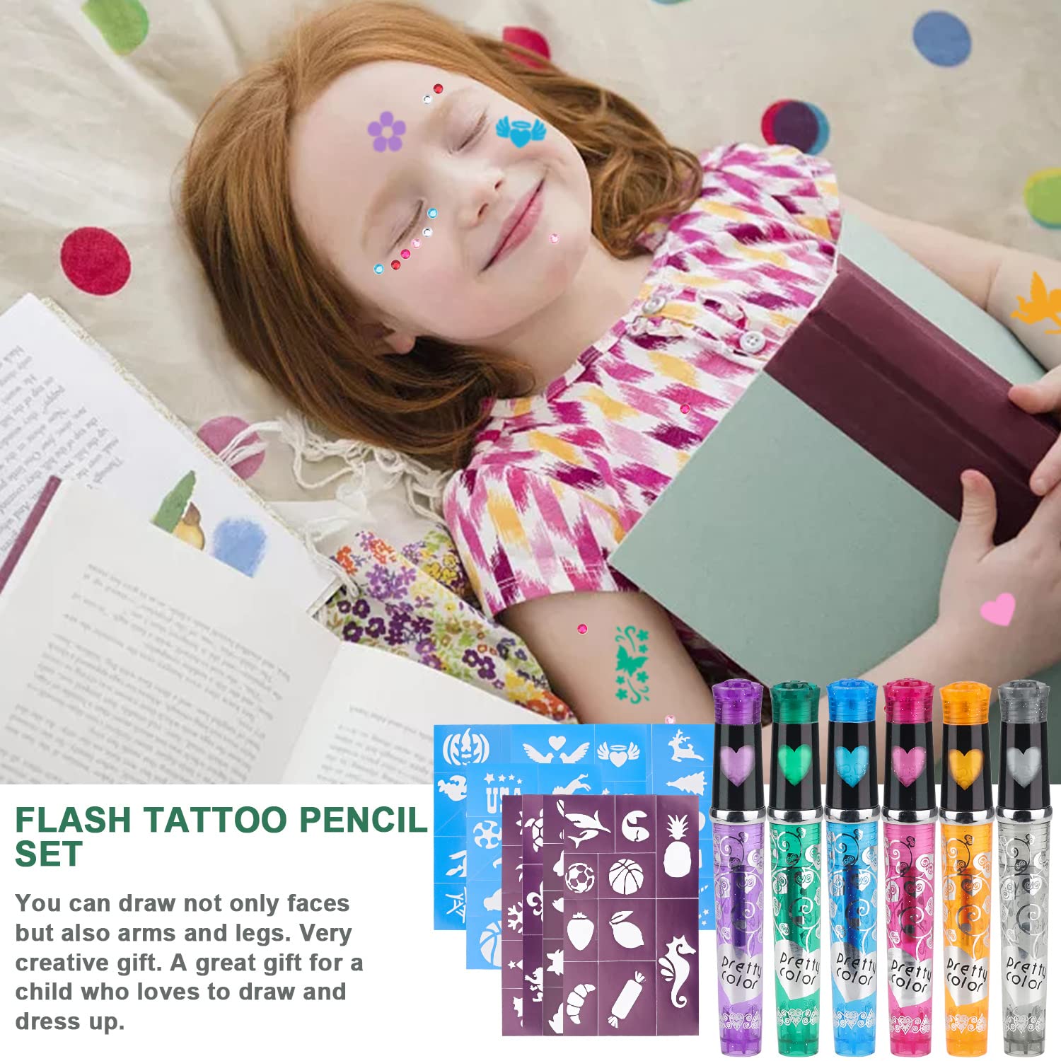 Set 6 Penne Tatuaggio Temporaneo Per Bambini – 90 Stencil E Gemme Facciali, Pigmenti Vegetali Sicuri, Durata 2-3 Giorni