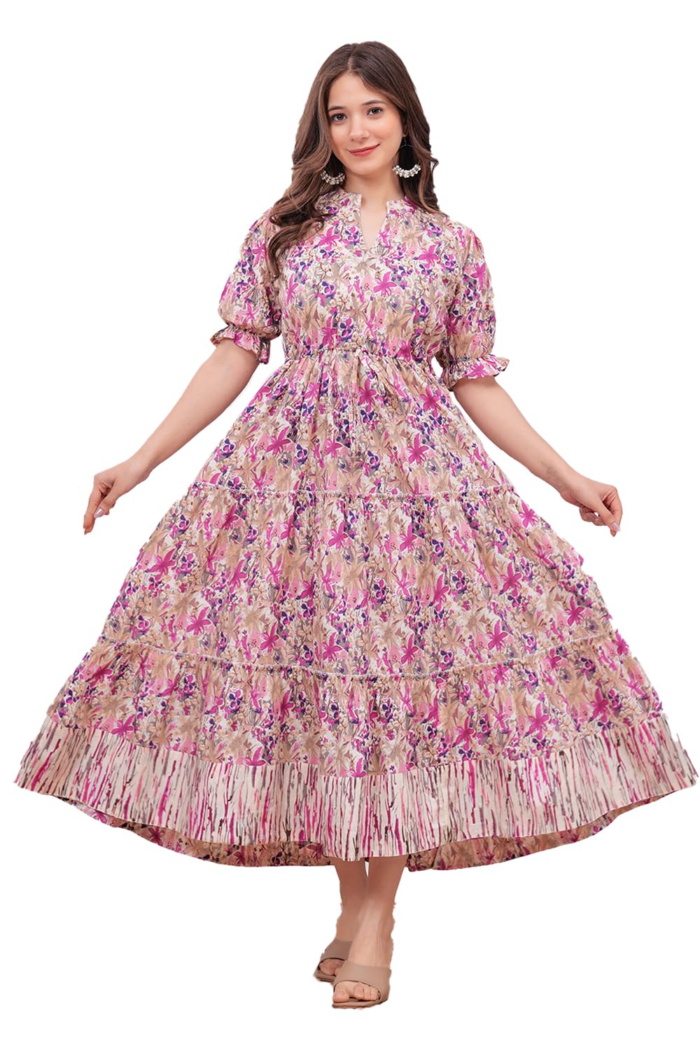 Bonkers Corner Brand Women's Long Flared Round-Neck Anarkali Shape,Kurta| Casual Outfit for Office Wear | Elbow Length Sleeves in neutral