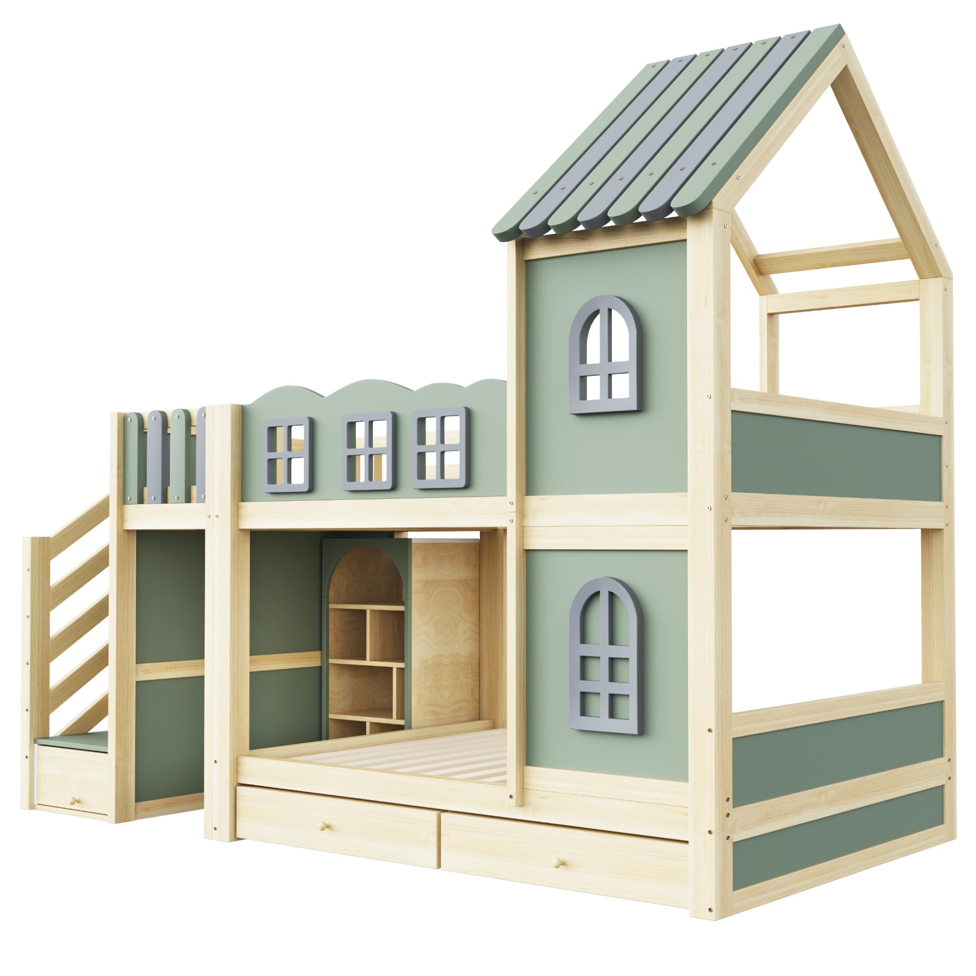 Letto Casetta per Bambini Ragazzi 90x200cm con Scaletta Contenitore, Mensole e Cassetti, Tetto con finestre, Letto a Castello Matrimoniale con Rete a Doghe (Verde) Senza Materasso