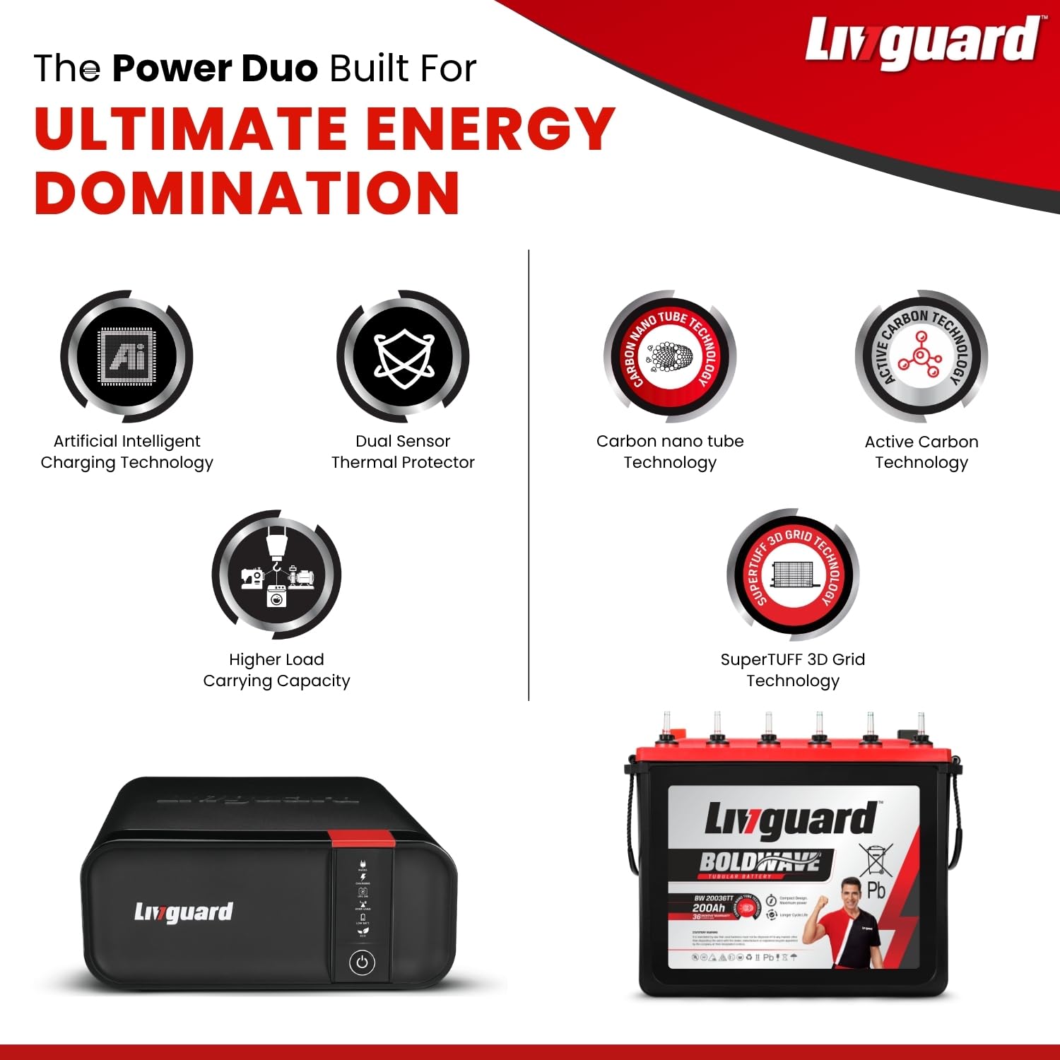 Livguard Sineverter Pro 900VA/12V Pure Sine Wave Inverter with Livguard 200Ah Tall Tubular Value Plus Bold Series Inverter Battery|Reliable Power Backup for Home, Office, and Shops - Image 3 thumbnail