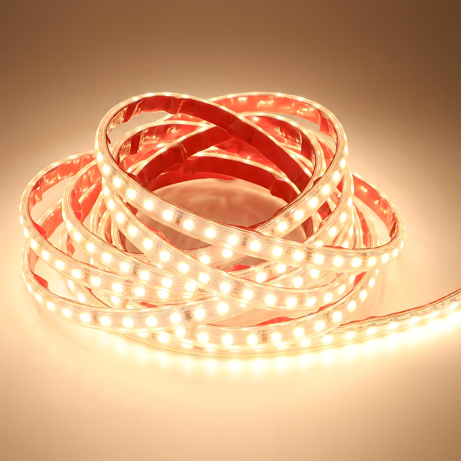 Outdoor LED Streifen 230V Warmweiß 5M Selbstklebend, SMD 2835 120 LEDs/m, 230V LED Strip für Garten & Fassade, IP67 Wasserdicht Lichtband (Warmweiß, 5 m)