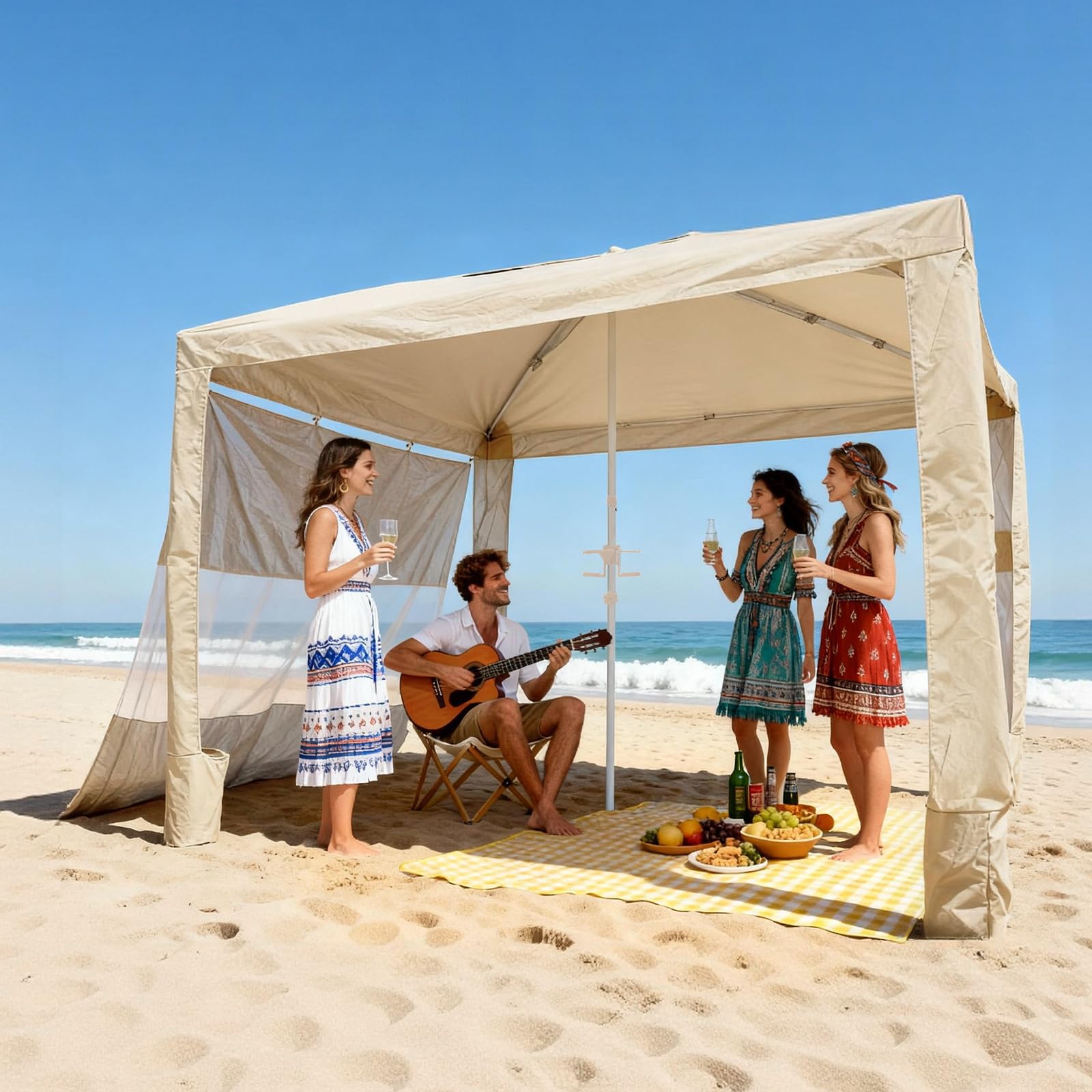 VEVOR Cabaña de Playa 2,4 x 2,4 m, con Pared Lateral, Protección Solar UPF 50+, Pabellón de Playa con Sacos de Arena, Sombrilla Portátil y Ajustable en Altura para Familiares y Amigos, Caqui