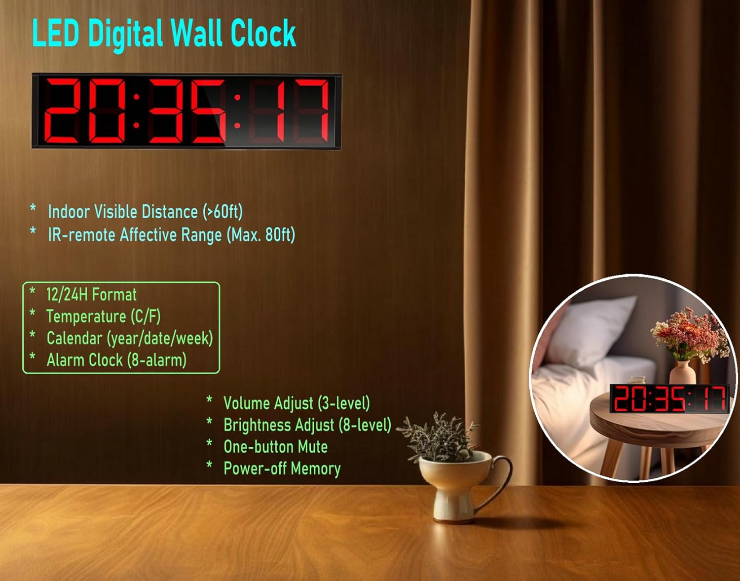 26'' Extra Large Home Gym Timer Clock, Programable Workout Interval Timer, Digital Wall Clock, with 7-Color Night Light, 8 Alarm Clocks, Calendar/Temperature, Countdown & Stopwatch (Red)