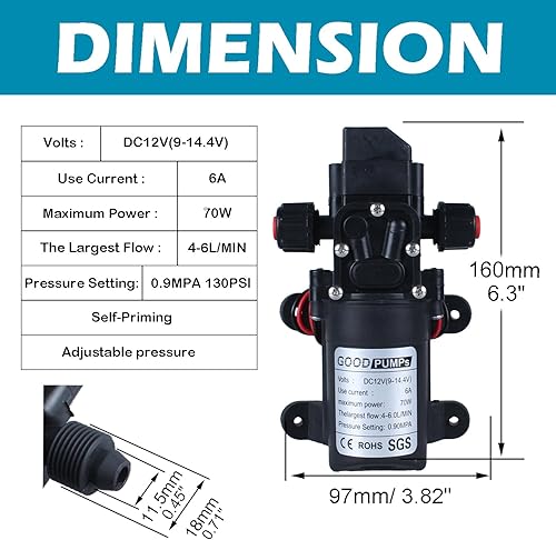 Miniatura 2 de Bomba de presión de agua Pulverizador Bomba autocebante 12v DC 70W 0.9MPA 130psi Home Booster conectado a 11.5mm0.45inch 17.3mm0.68inch Pipe para