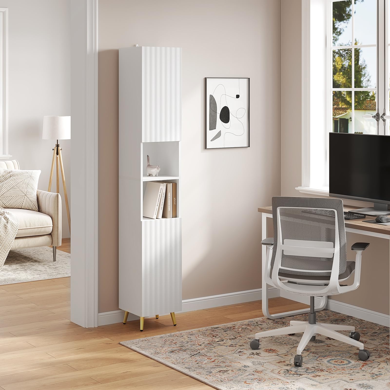 eSituro Mobile da Bagno Alto, Mobile da Bagno con Scomparti Aperti con 2 Ante, Ripiano Regolabile, Gambe in Metallo Dorato, Bianco, 30x28x180 cm