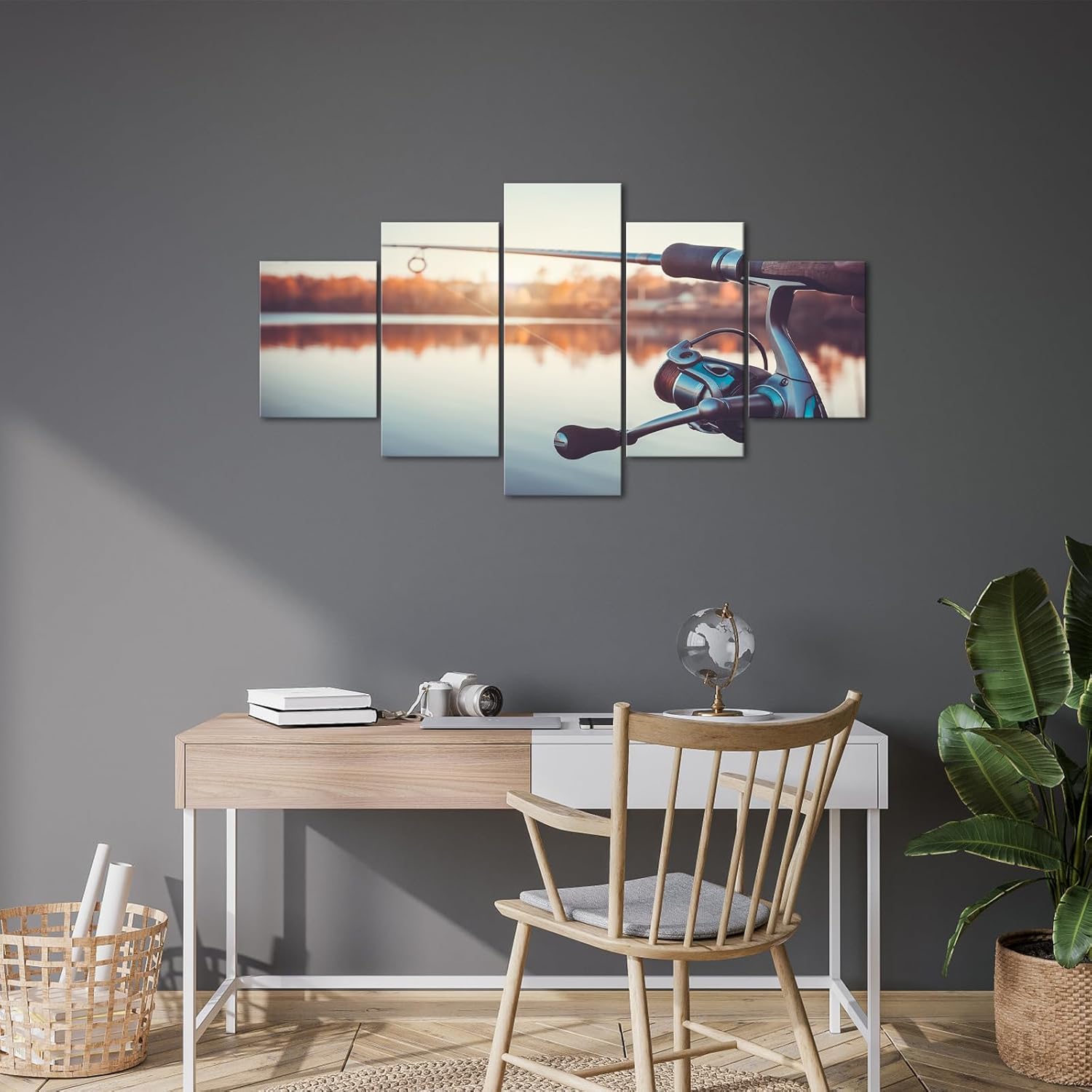 iHAPPYWALL Large 5 Pieces Fishing Rod and Reel Canvas Wall Art Fishing Tackle Sunset Lake Landscape Picture for Office Farmhouse Living Room Stretched and Framed Ready to Hang - Image 4
