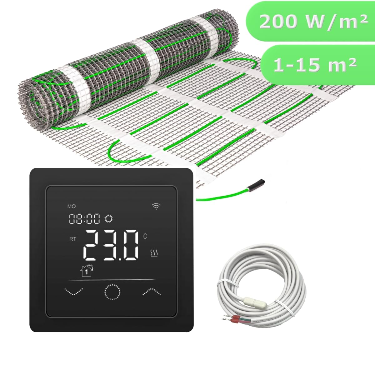 Elektrische Fußbodenheizung HoWaTech Power für Renovierung Komplett Set TWIN Heizmatte 200 W/m² inkl. Touch Thermostat schwarz, Heizfläche:15.00m²