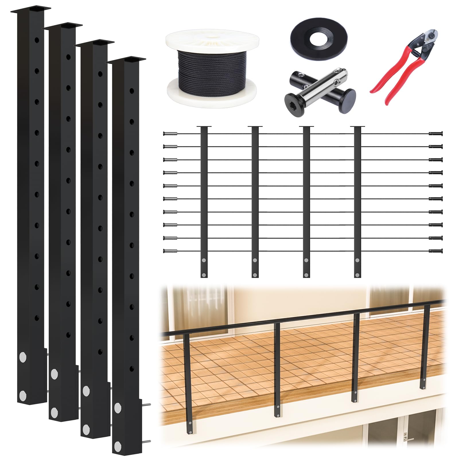 Muzata 15-20FT Modular Black Side Mount Cable Railing Kit 36 Inch 4 Level Post Kit Complete Set Cable Railing System for Decks Length Adjustable with
