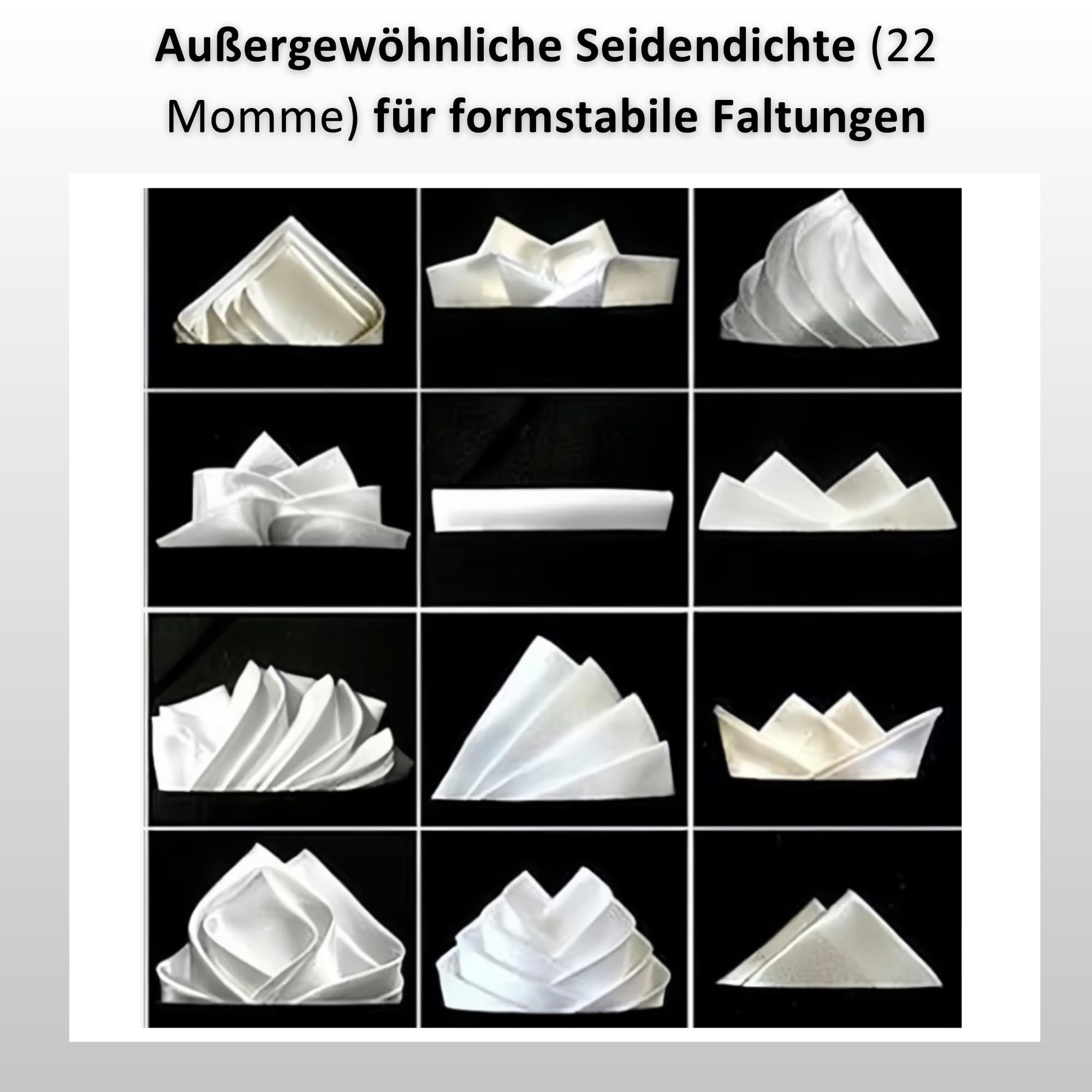Elegante fazzoletto bianco, 100% pura seta, indeformabile grazie alla densità di 22 Momme, dimensioni ottimali 30 x 30 cm