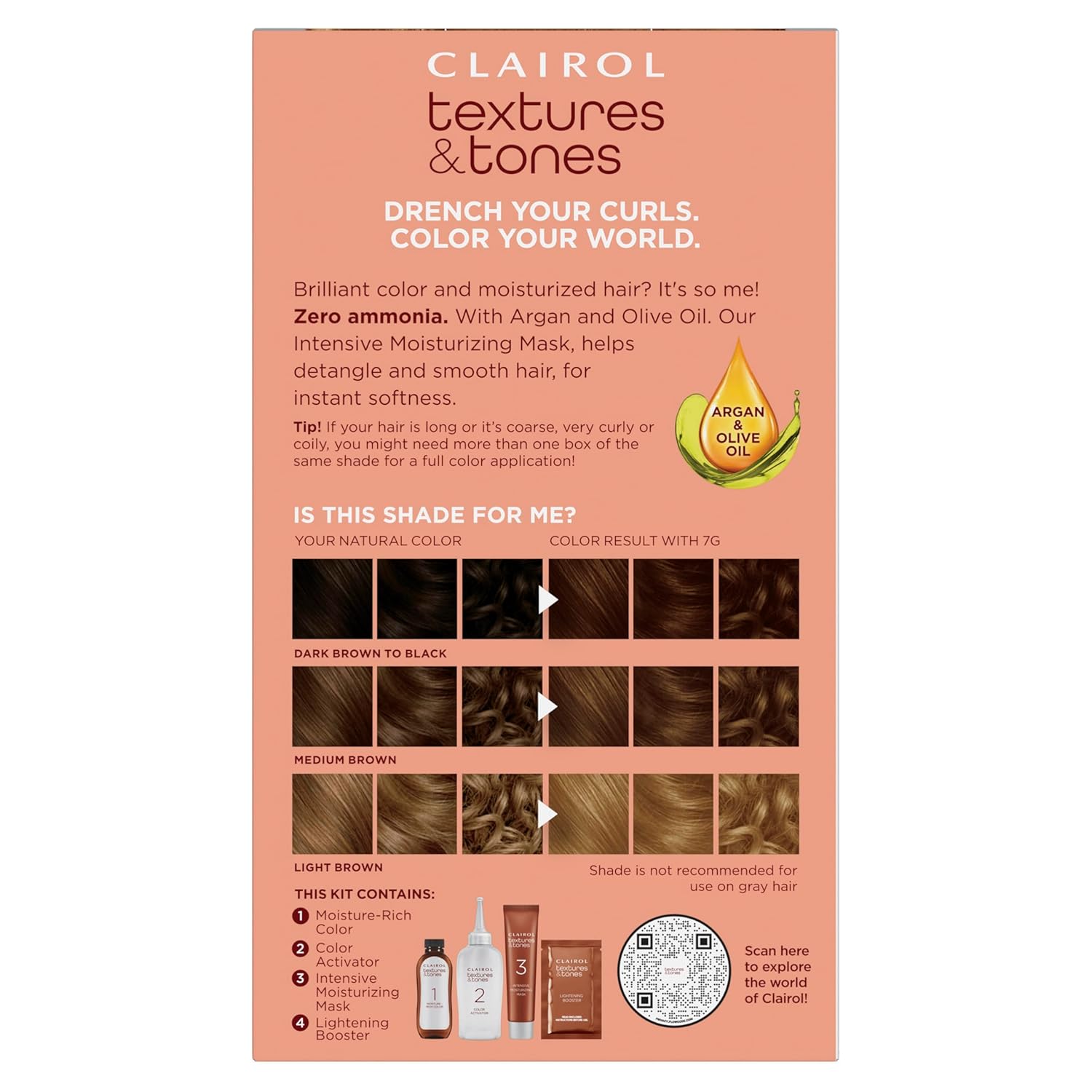 Clairol Textures & Tones Permanent Hair Dye, 7G Luminous Blonde Hair Color | Ammonia-Free | Moisture-Rich Formula with Argan, and Olive Oil for Brilliant Shine | Pack of 1