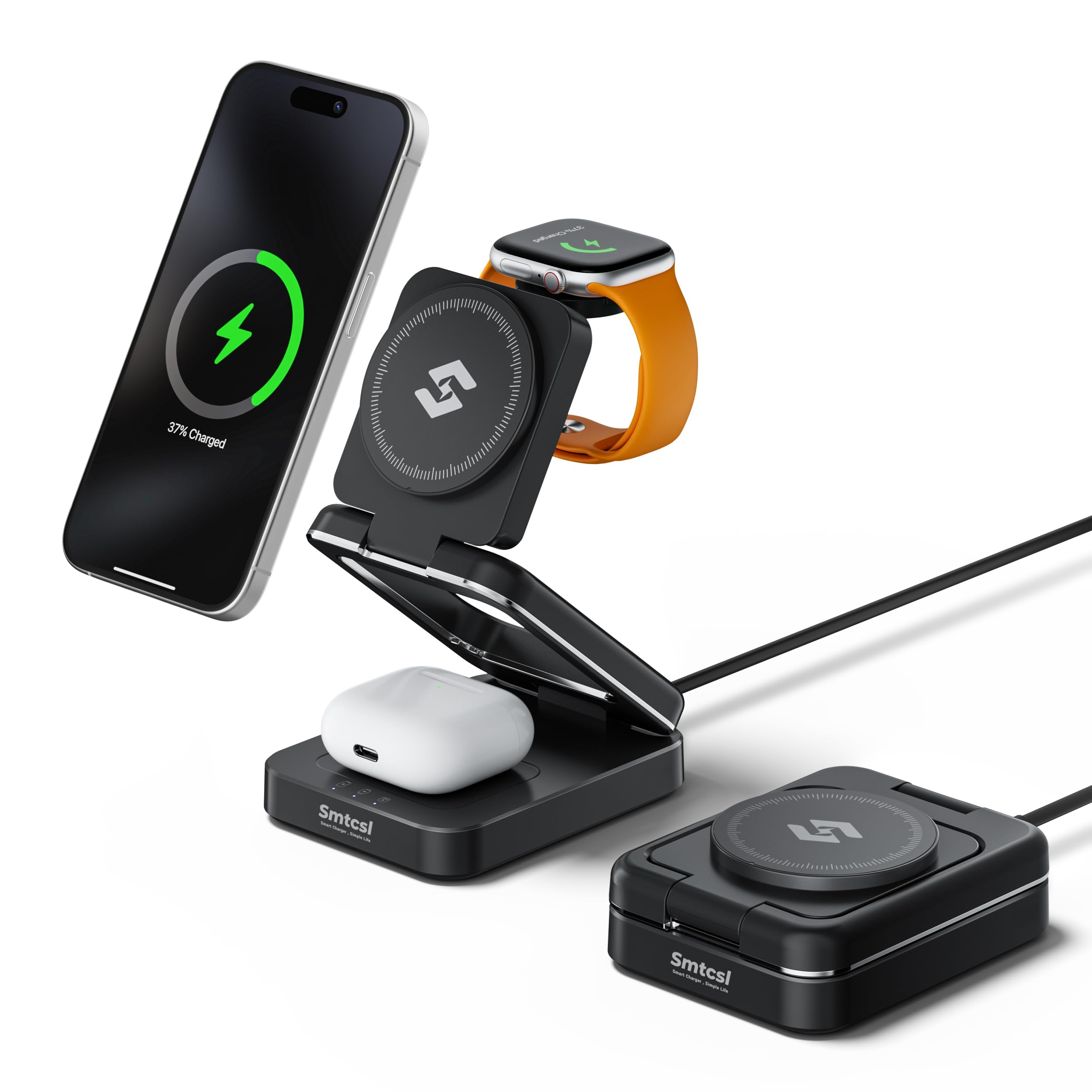 Smtcsl Stazione di ricarica wireless pieghevole 3 in 1: caricabatterie magnetico compatibile con iPhone 16 15 14 13 12 Series/Apple Watch/Airpods - Supporto pieghevole portatile per viaggi