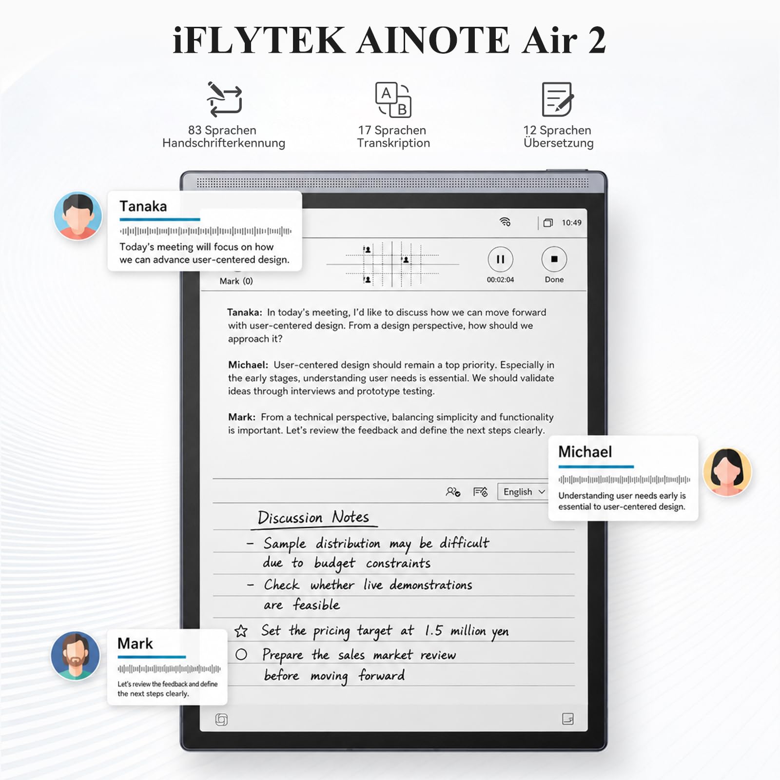 AINOTE Air 2 mit Hülle, 20,8 cm (8,2 Zoll) AI-Note-Taking-Tablet mit 24 Stufen einstellbarem Licht, elektronisches Notizbuch mit Stift, Sprach-zu-Text-Transkription, mehrsprachige