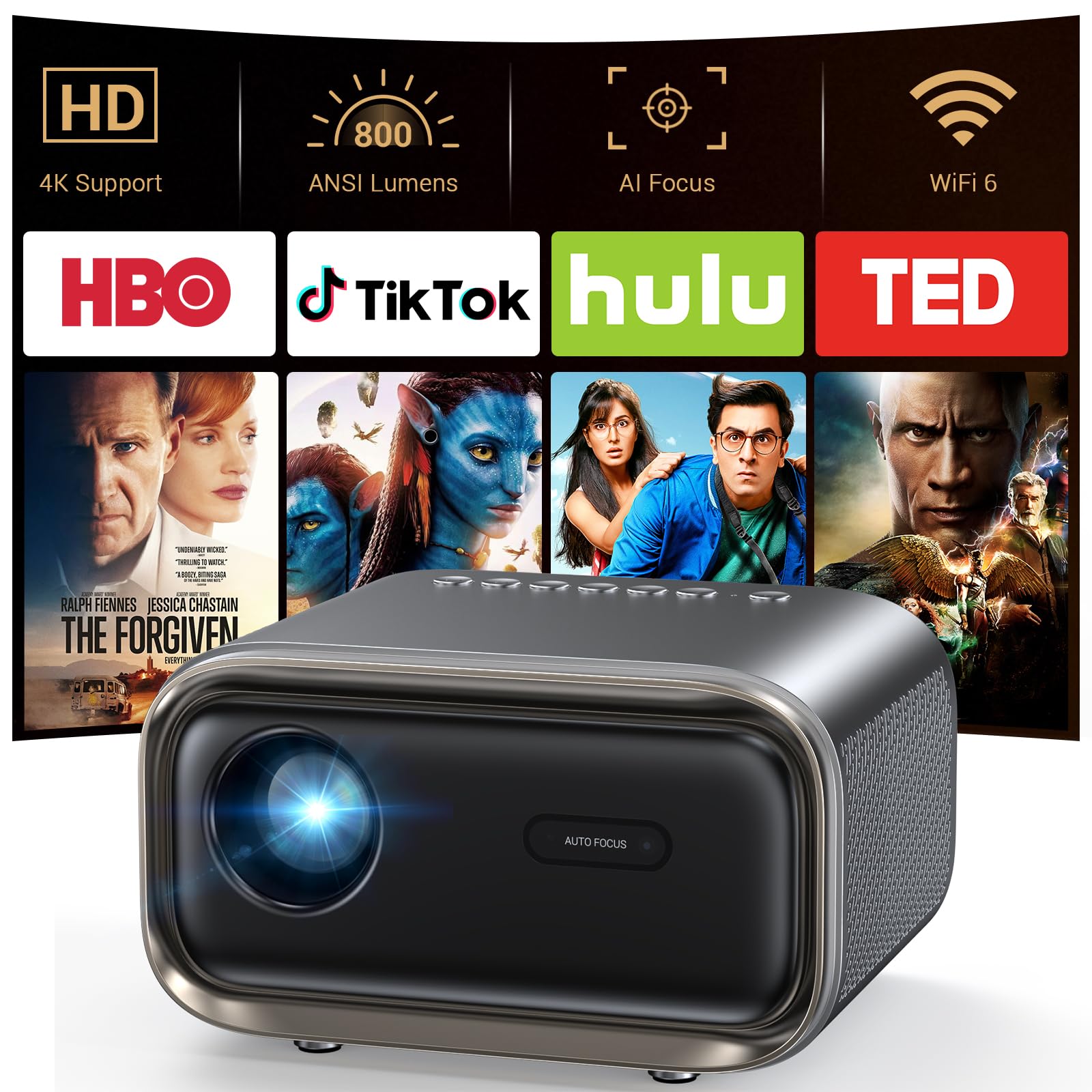 Projector with WiFi and Bluetooth: [Auto Focus/Keystone] - NICPOW Full HD 1080P 4K Supported Portable Bluetooth Projector for Gaming Devices and